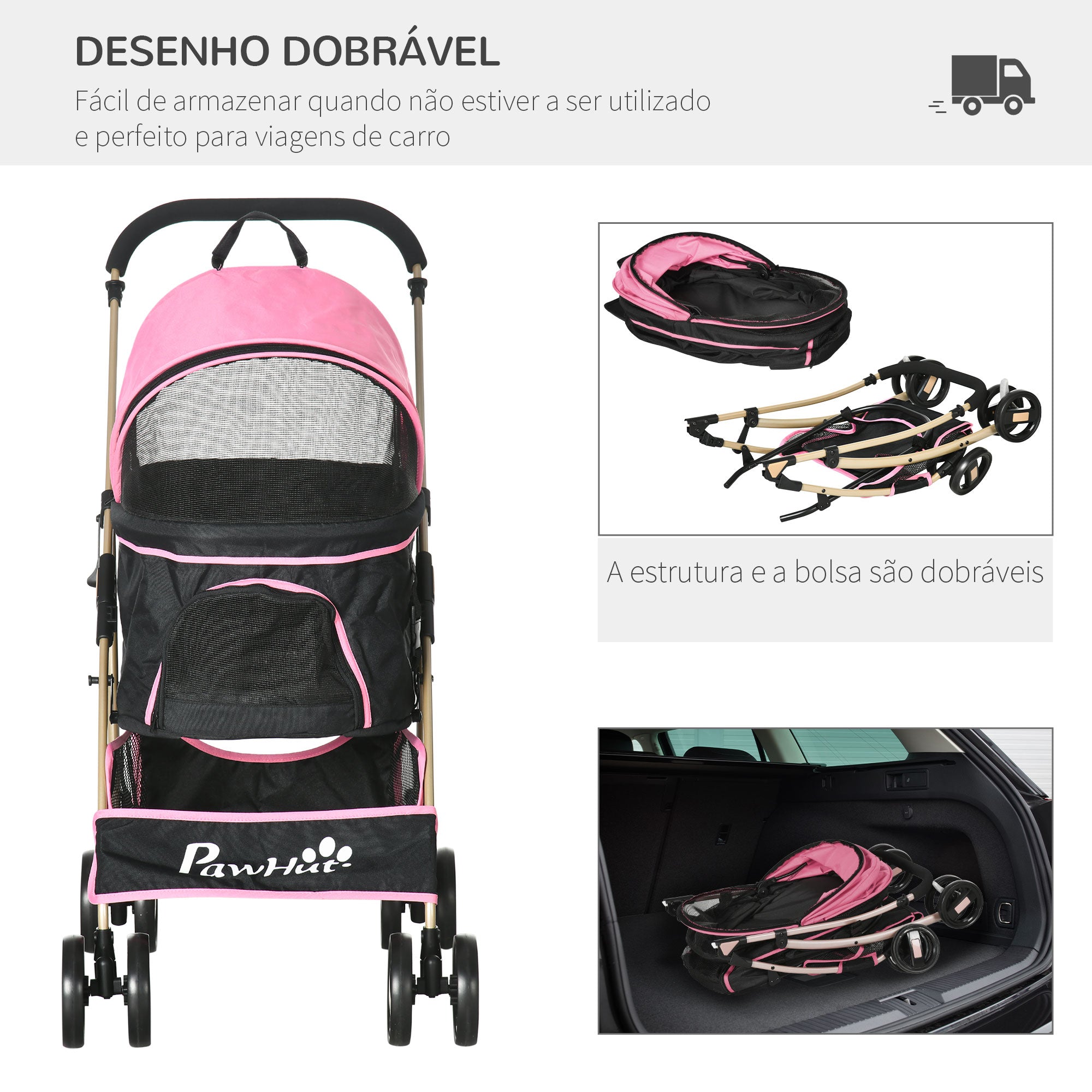 Carrinho para Animais de Estimação 3 em 1 – 82x49,5x98 cm – Rosa – Aço e Tecido Oxford 600D