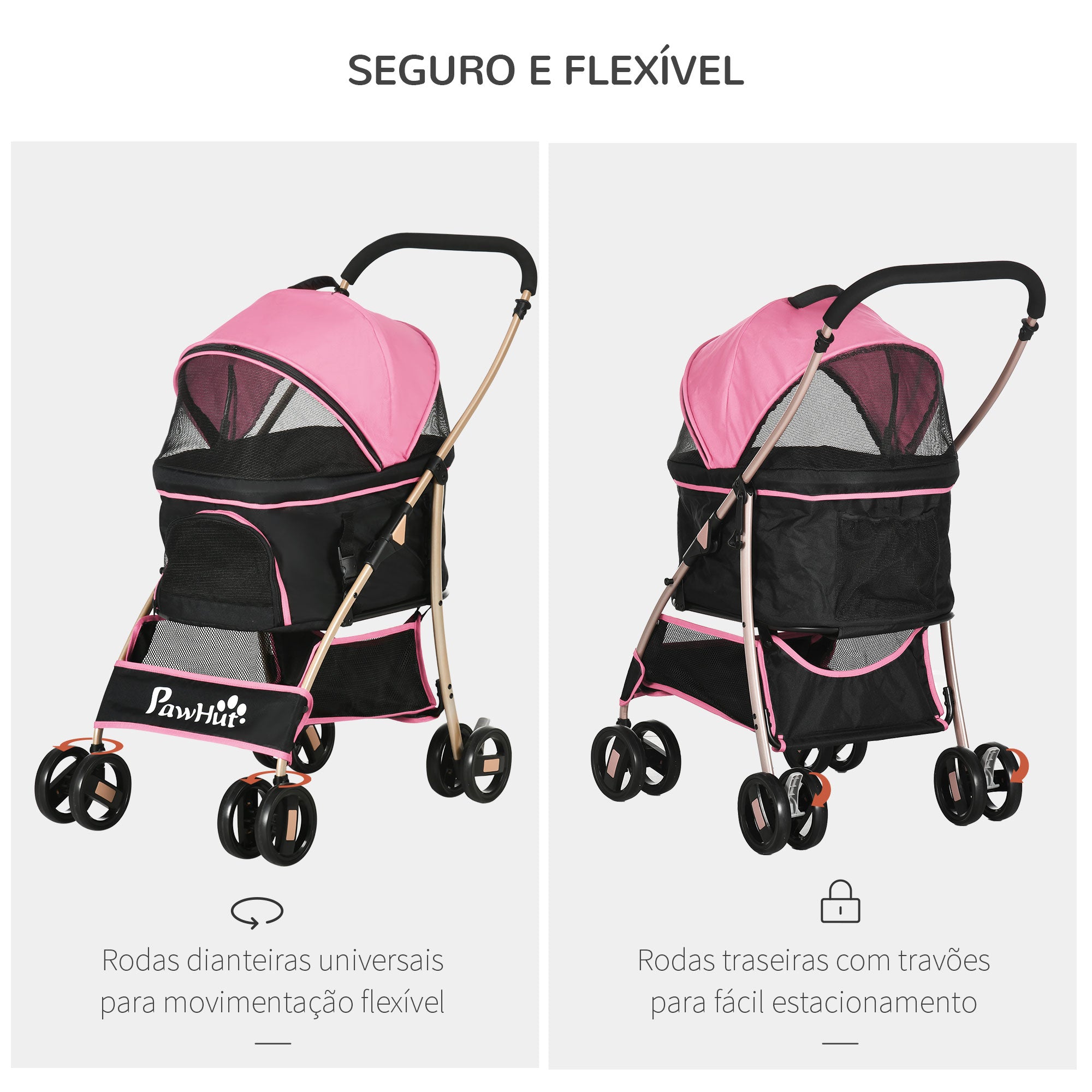 Carrinho para Animais de Estimação 3 em 1 – 82x49,5x98 cm – Rosa – Aço e Tecido Oxford 600D