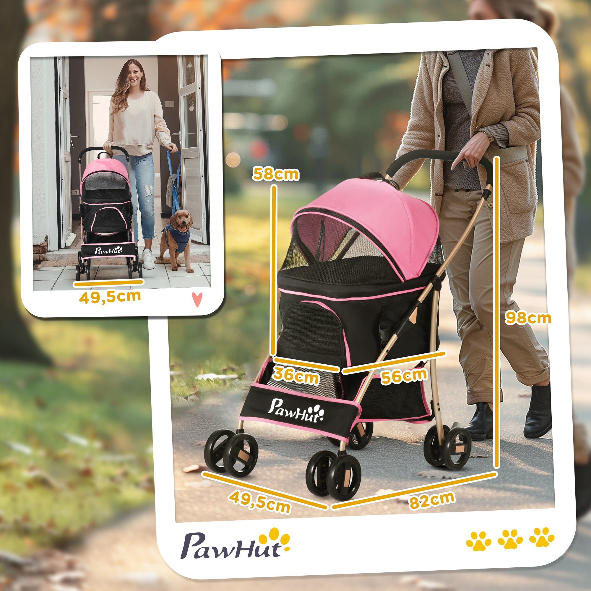 Carrinho para Animais de Estimação 3 em 1 – 82x49,5x98 cm – Rosa – Aço e Tecido Oxford 600D