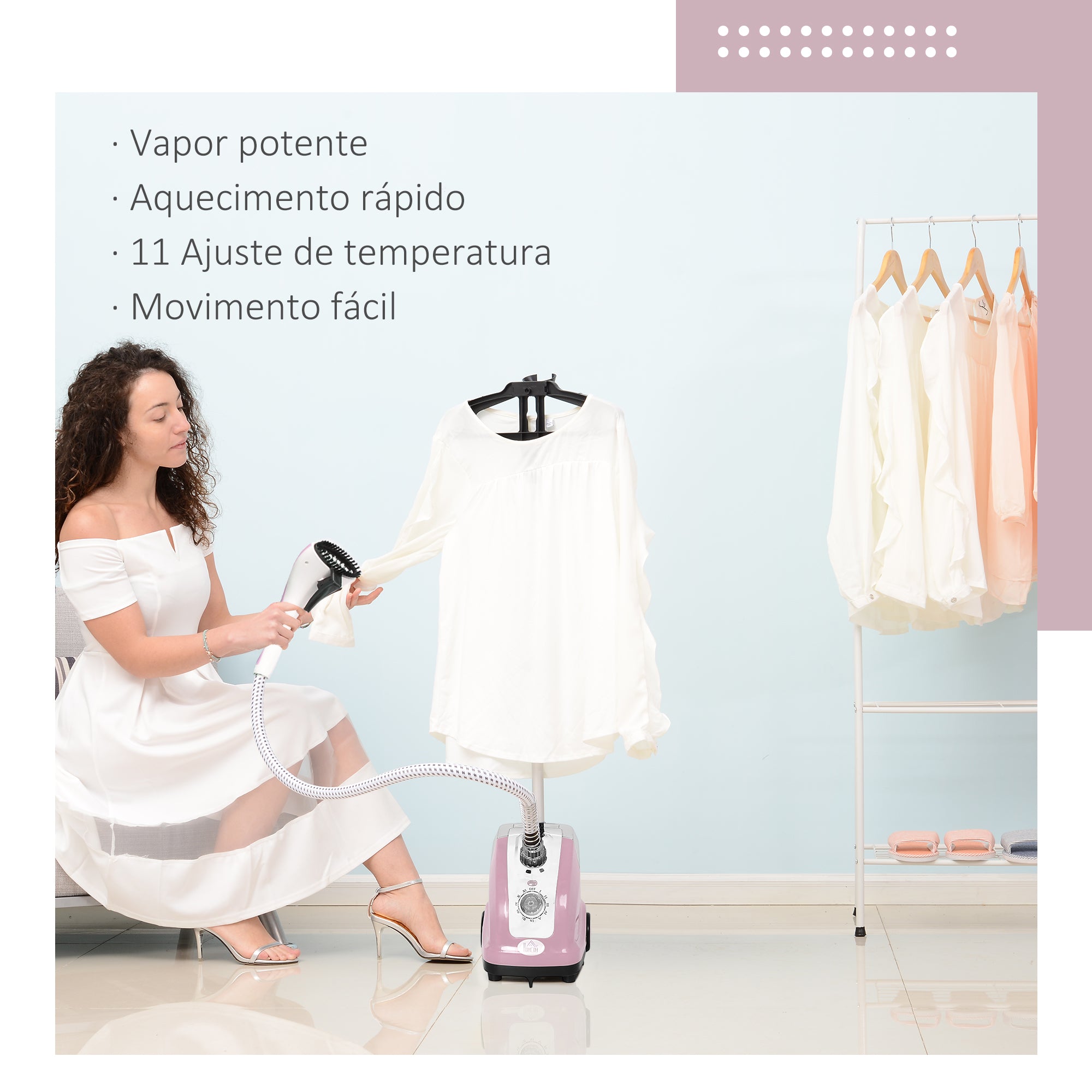 Ferro de Engomar a Vapor Vertical 26x21,5x146 cm Cor Rosa