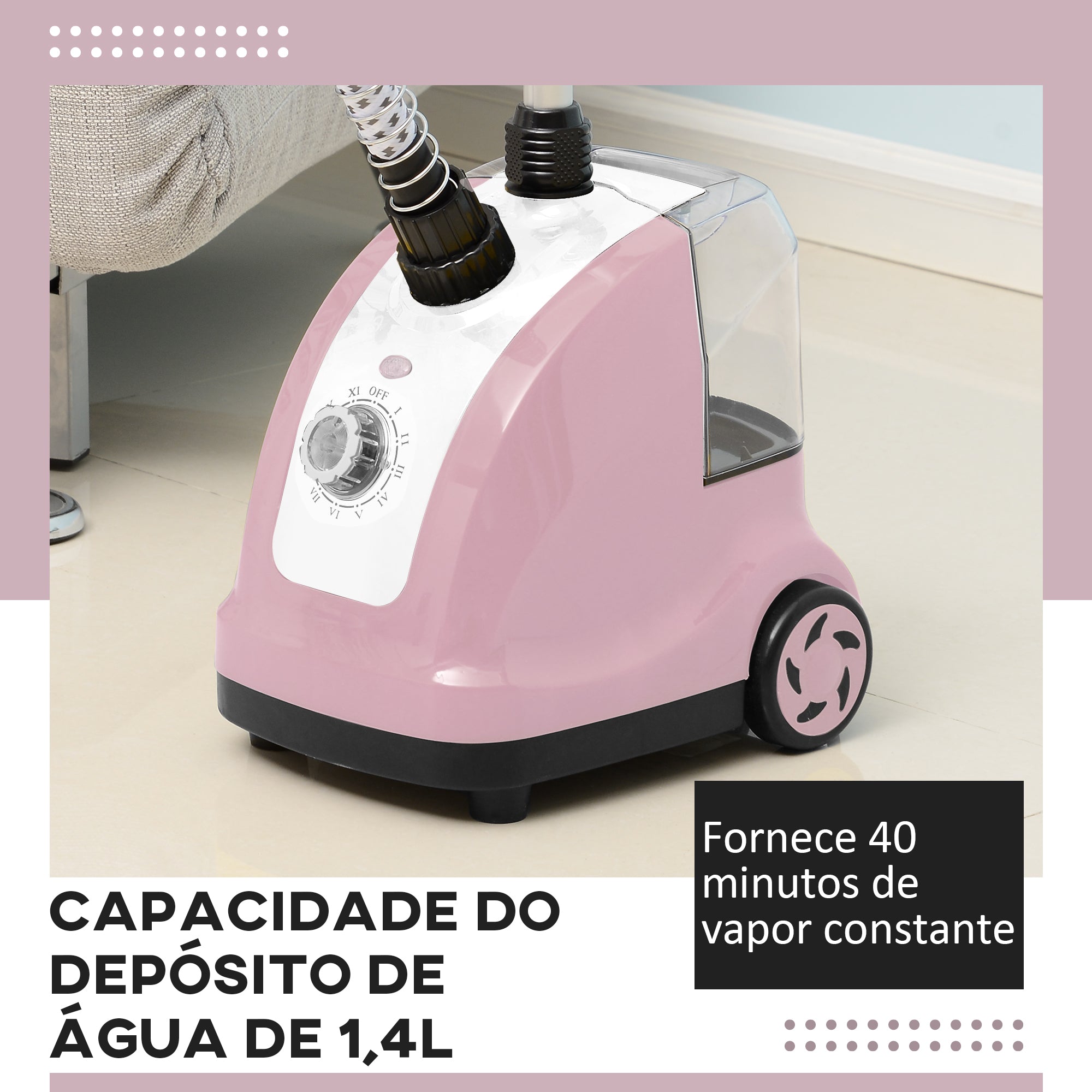 Ferro de Engomar a Vapor Vertical 26x21,5x146 cm Cor Rosa