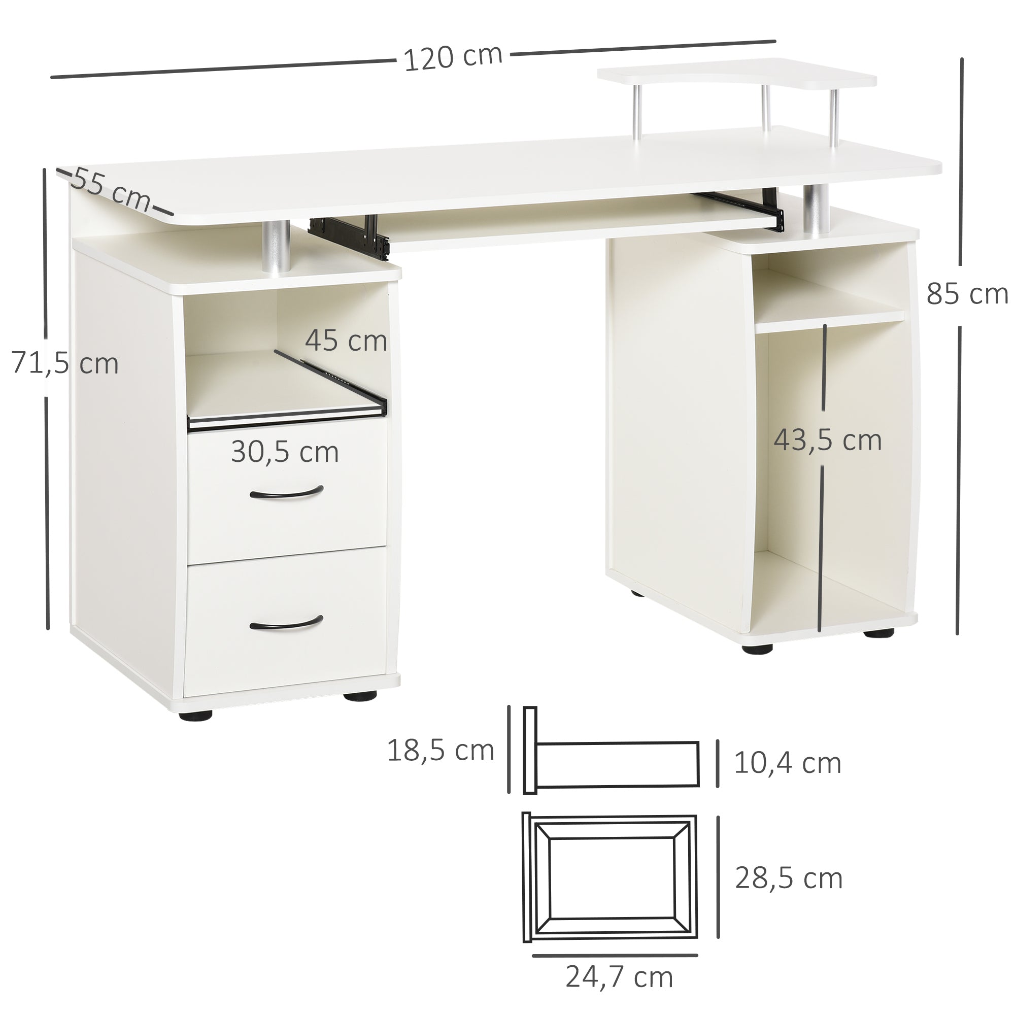 Secretária para Computador com Prateleiras e Gavetas - 120x55x85 cm - Branco
