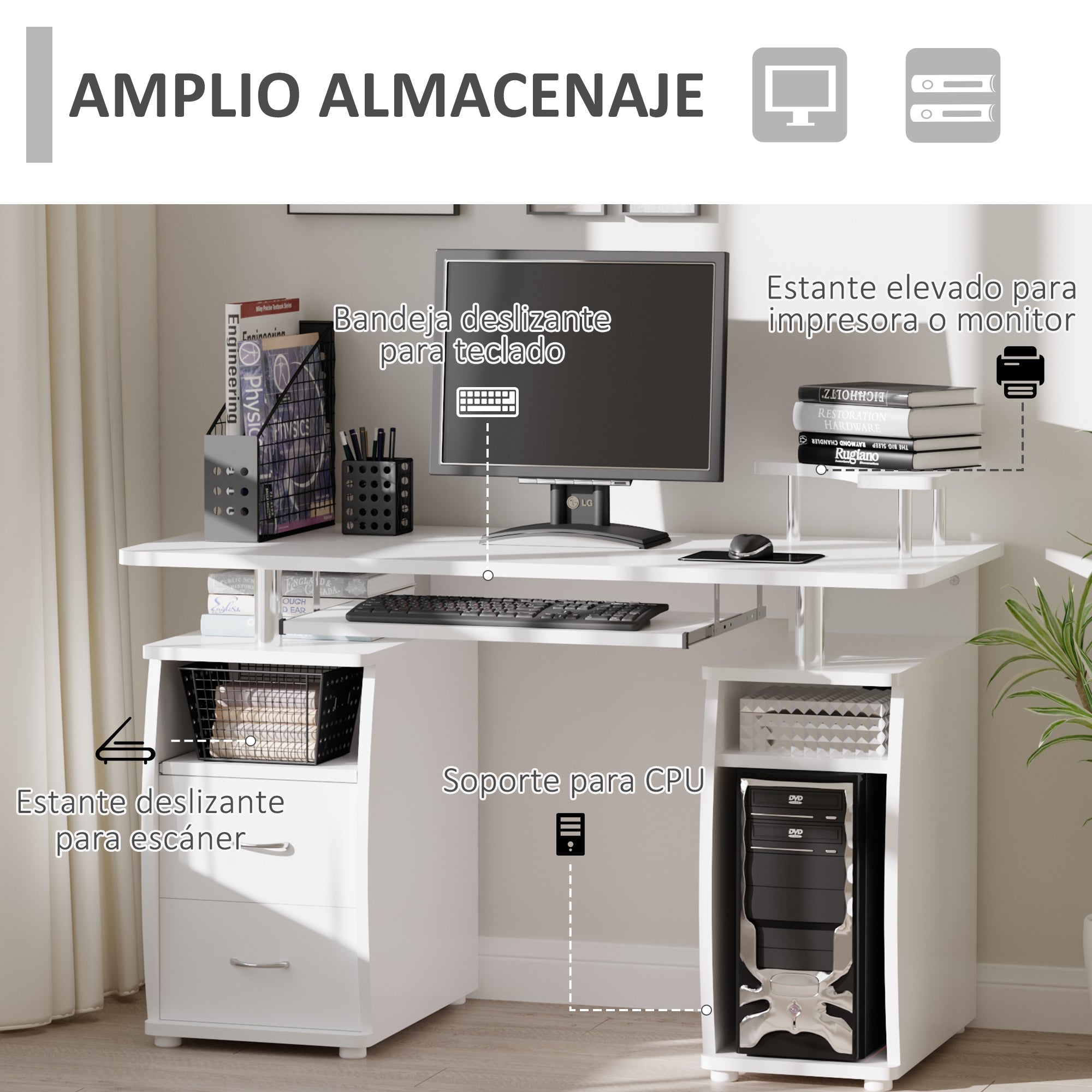 Secretária para Computador com Prateleiras e Gavetas - 120x55x85 cm - Branco