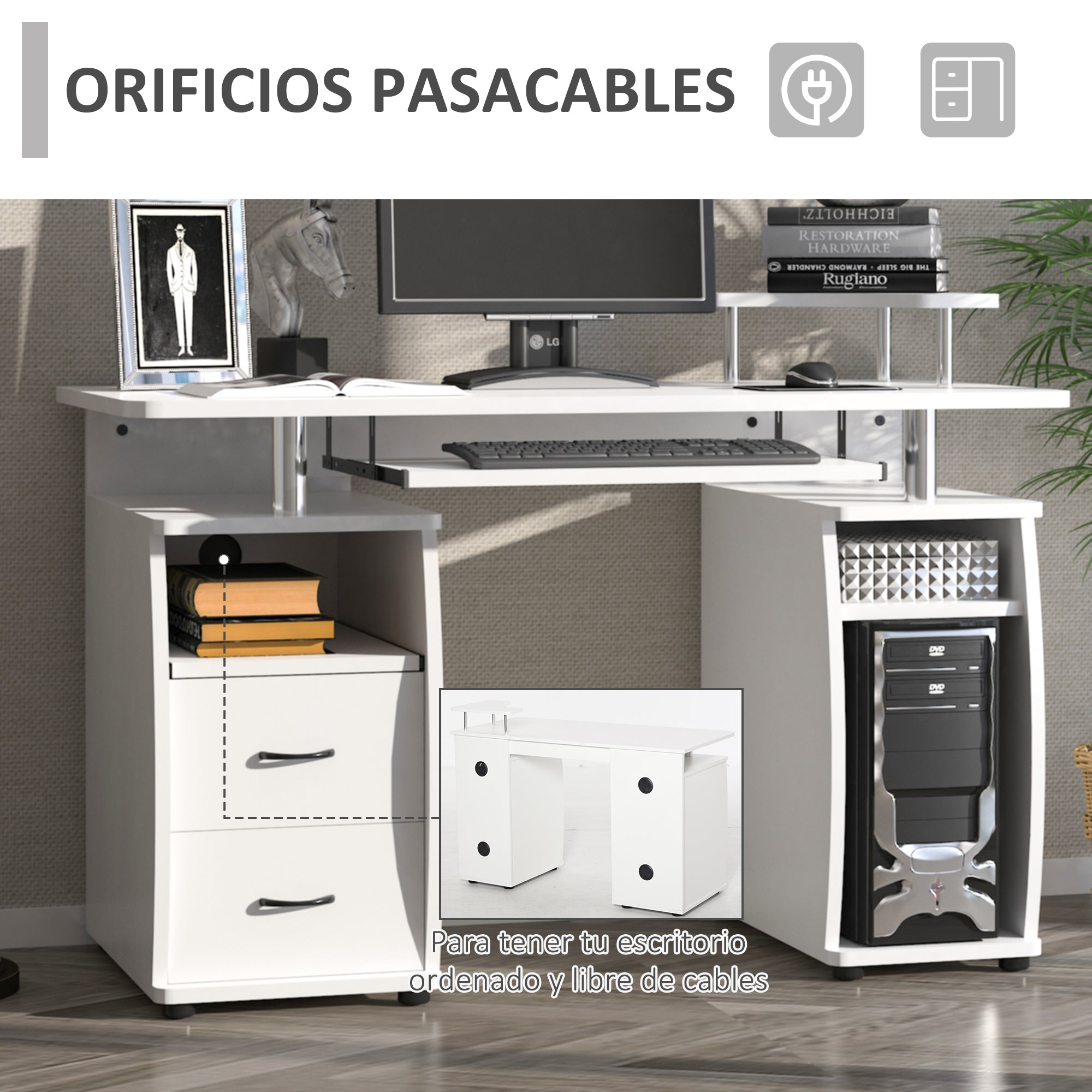 Secretária para Computador com Prateleiras e Gavetas - 120x55x85 cm - Branco