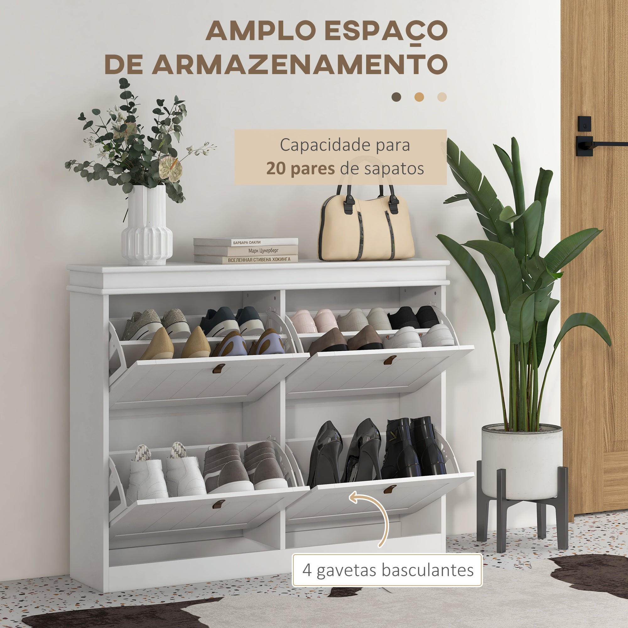 Sapateira Estreita Branca com 4 Portas e Prateleira Ajustável - 105x24x82,5 cm