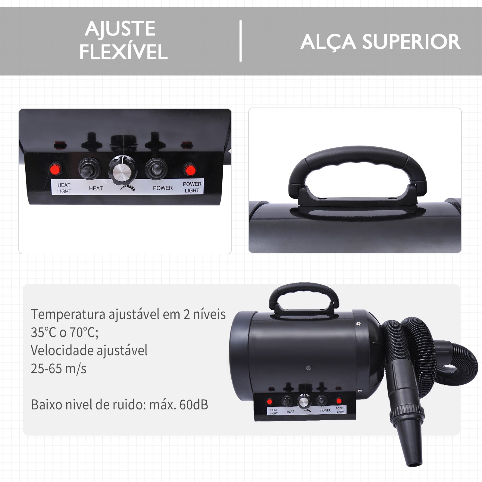 Secador de Pelo para Animais de Estimação 2800W - Preto 40x16x20cm