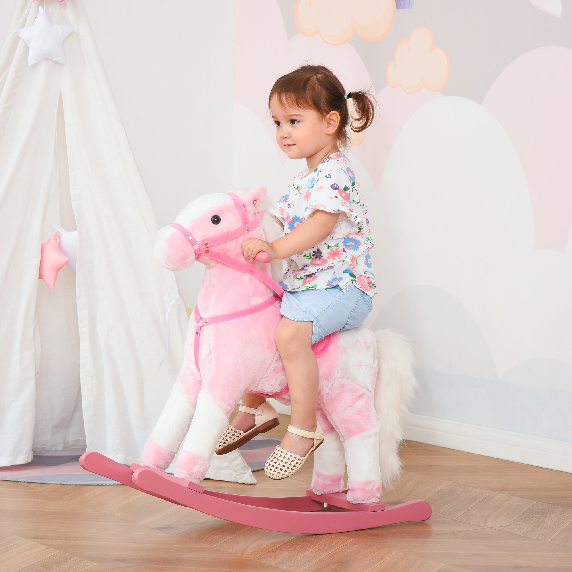 Cavalo Baloiço de Pelúcia 74x28x65 cm Rosa para Crianças entre 3-6 Anos