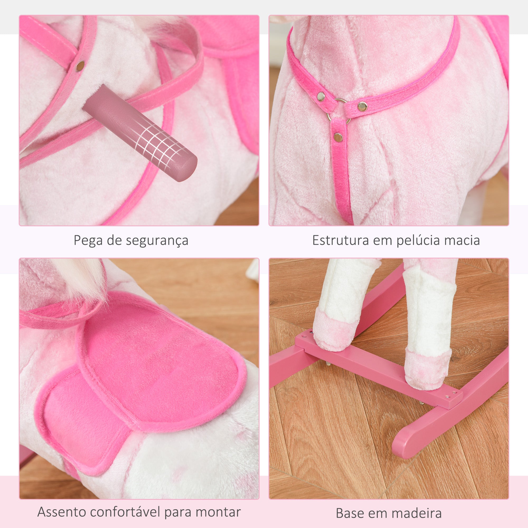 Cavalo Baloiço de Pelúcia 74x28x65 cm Rosa para Crianças entre 3-6 Anos