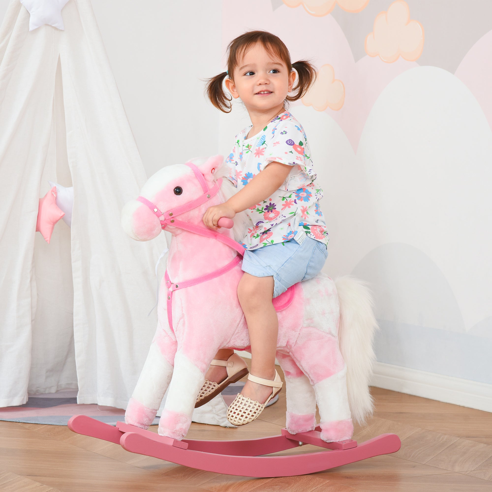 Cavalo Baloiço de Pelúcia 74x28x65 cm Rosa para Crianças entre 3-6 Anos