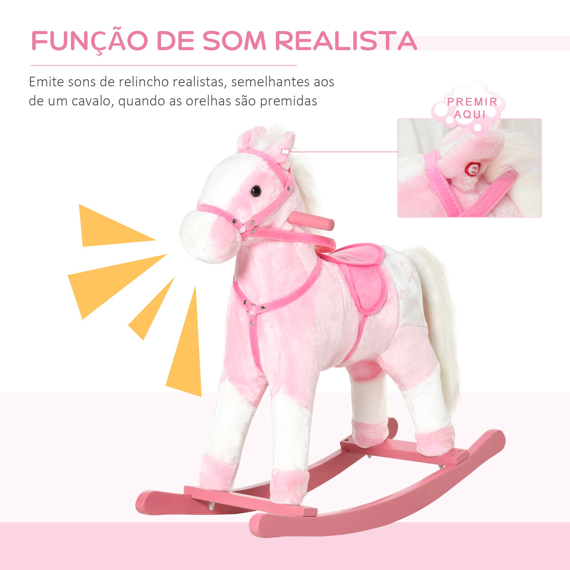 Cavalo Baloiço de Pelúcia 74x28x65 cm Rosa para Crianças entre 3-6 Anos