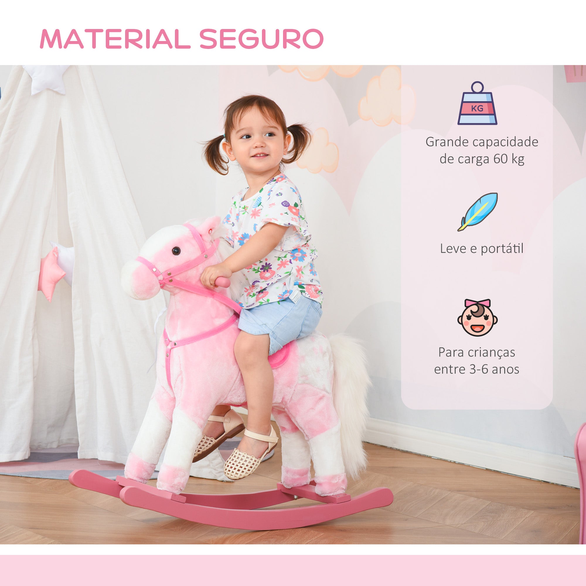 Cavalo Baloiço de Pelúcia 74x28x65 cm Rosa para Crianças entre 3-6 Anos
