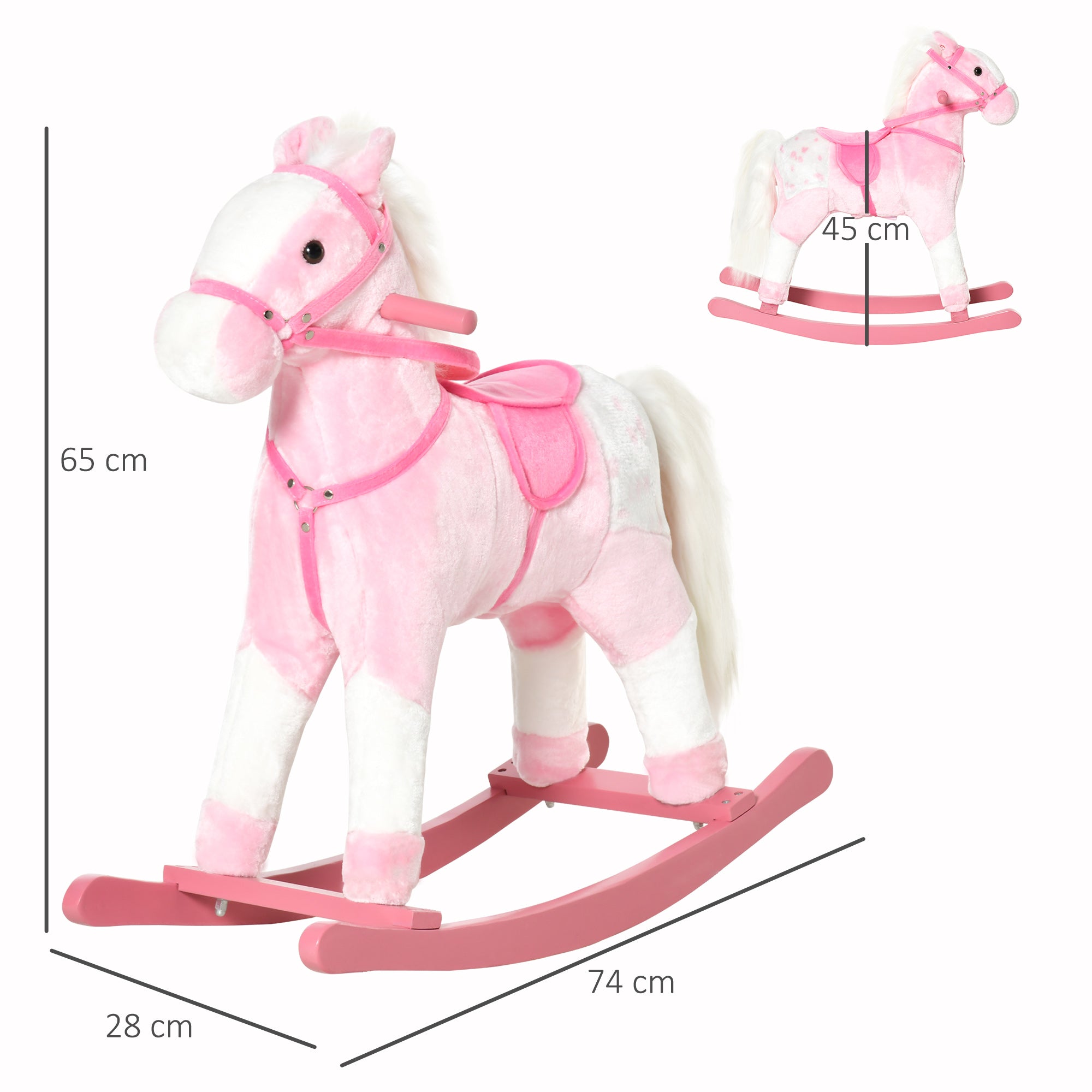 Cavalo Baloiço de Pelúcia 74x28x65 cm Rosa para Crianças entre 3-6 Anos