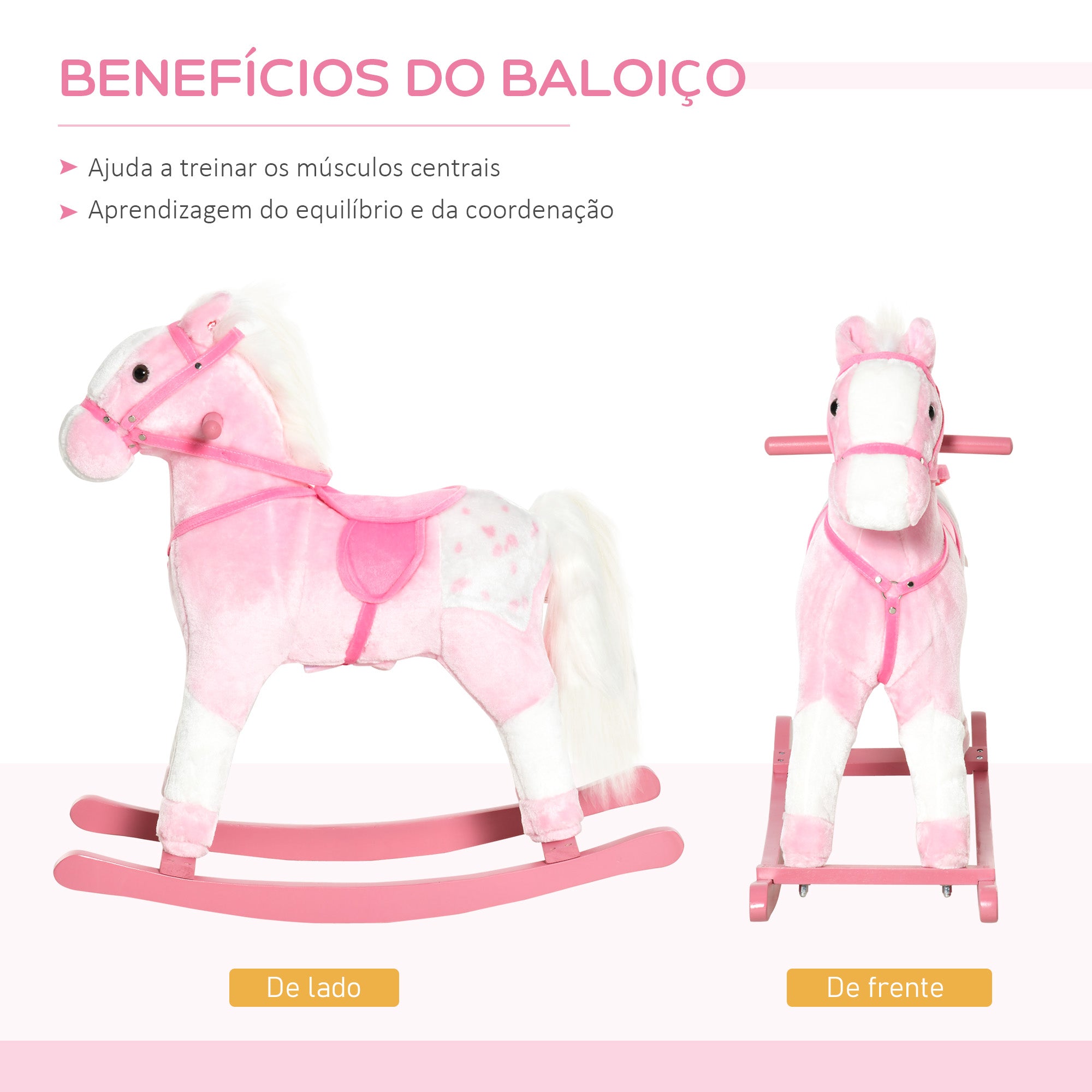 Cavalo Baloiço de Pelúcia 74x28x65 cm Rosa para Crianças entre 3-6 Anos