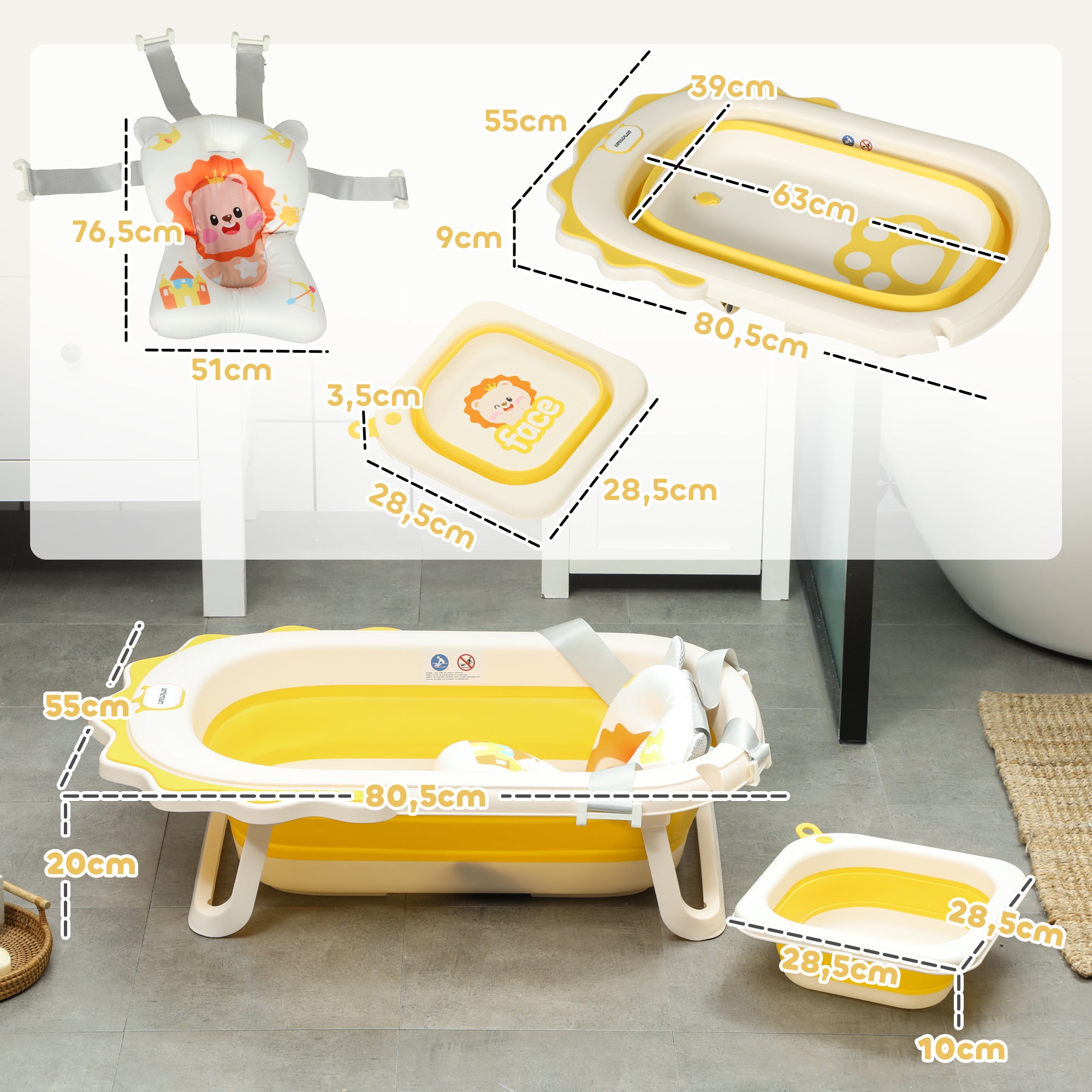 Banheira Dobrável para Bebés 80,5x55x20 cm - Amarelo