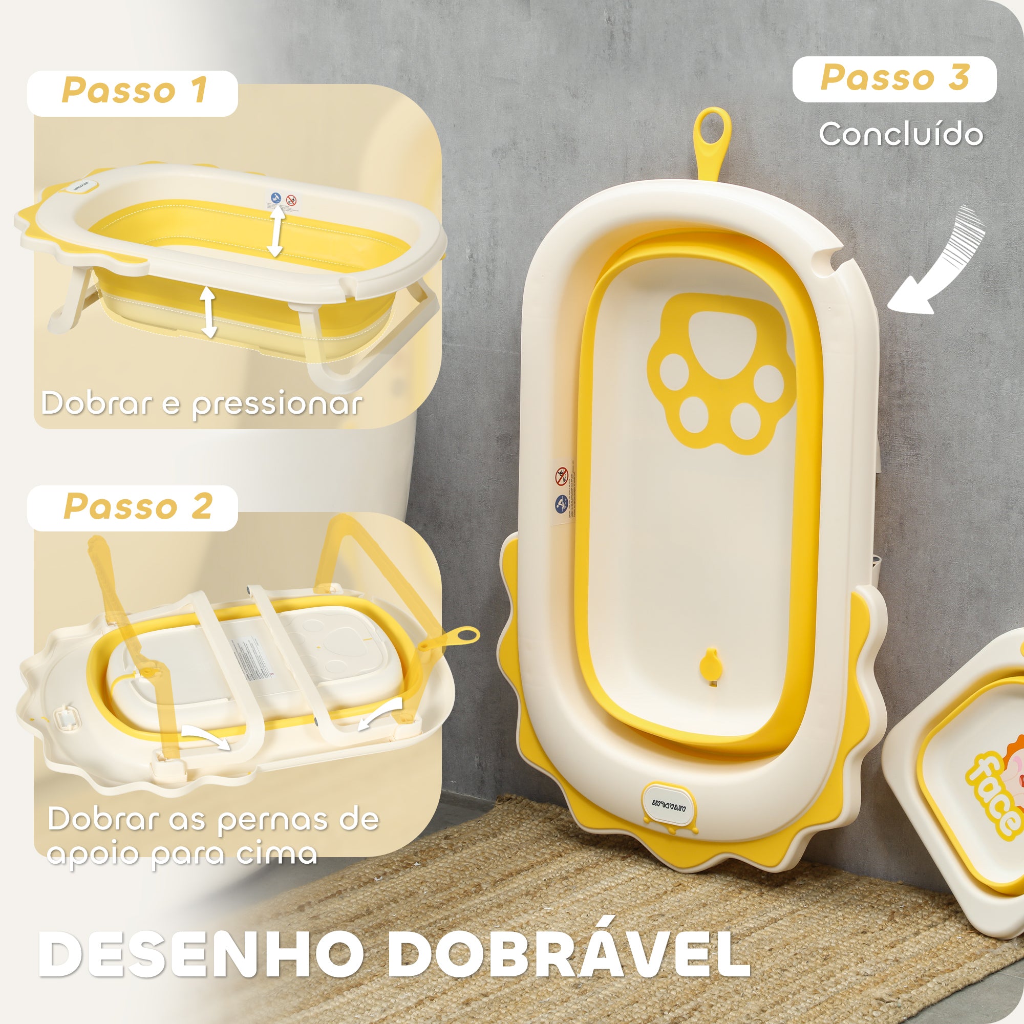 Banheira Dobrável para Bebés 80,5x55x20 cm - Amarelo