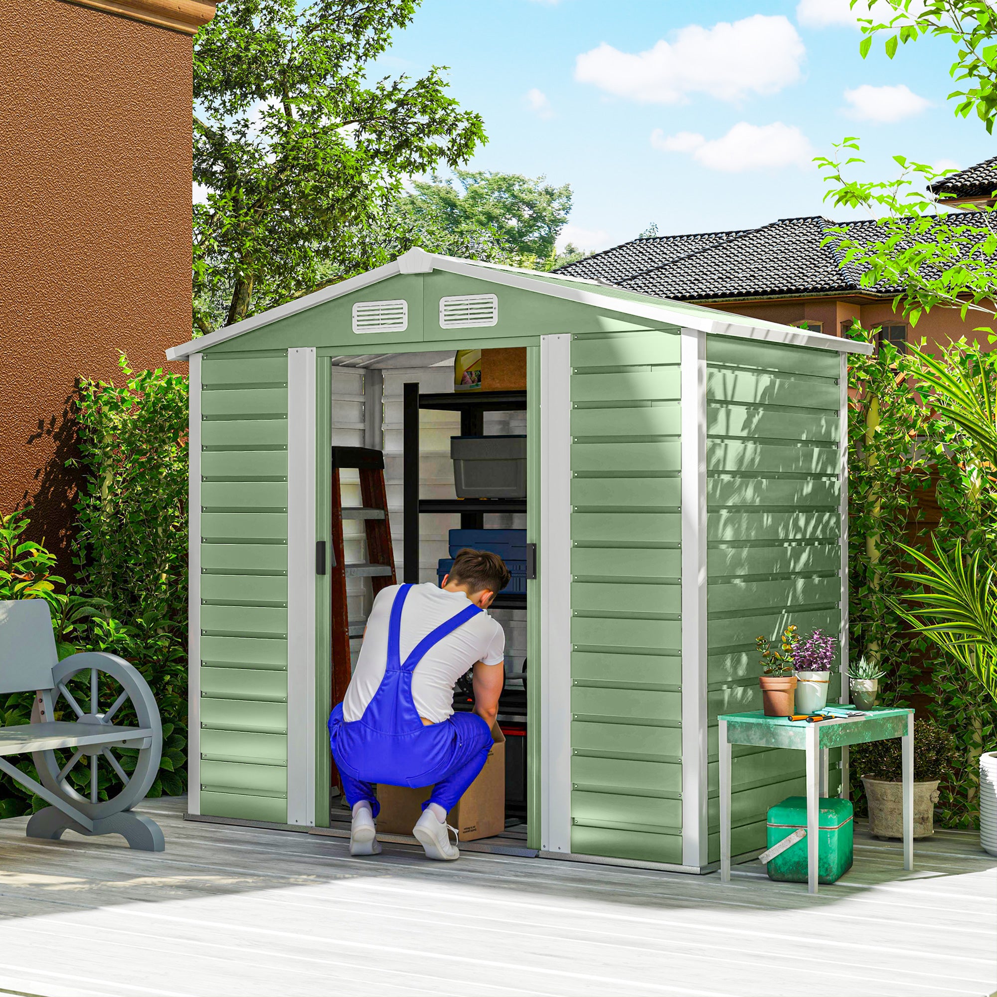 Abrigo de Jardim Exterior Verde Claro 213x120x166/194 cm