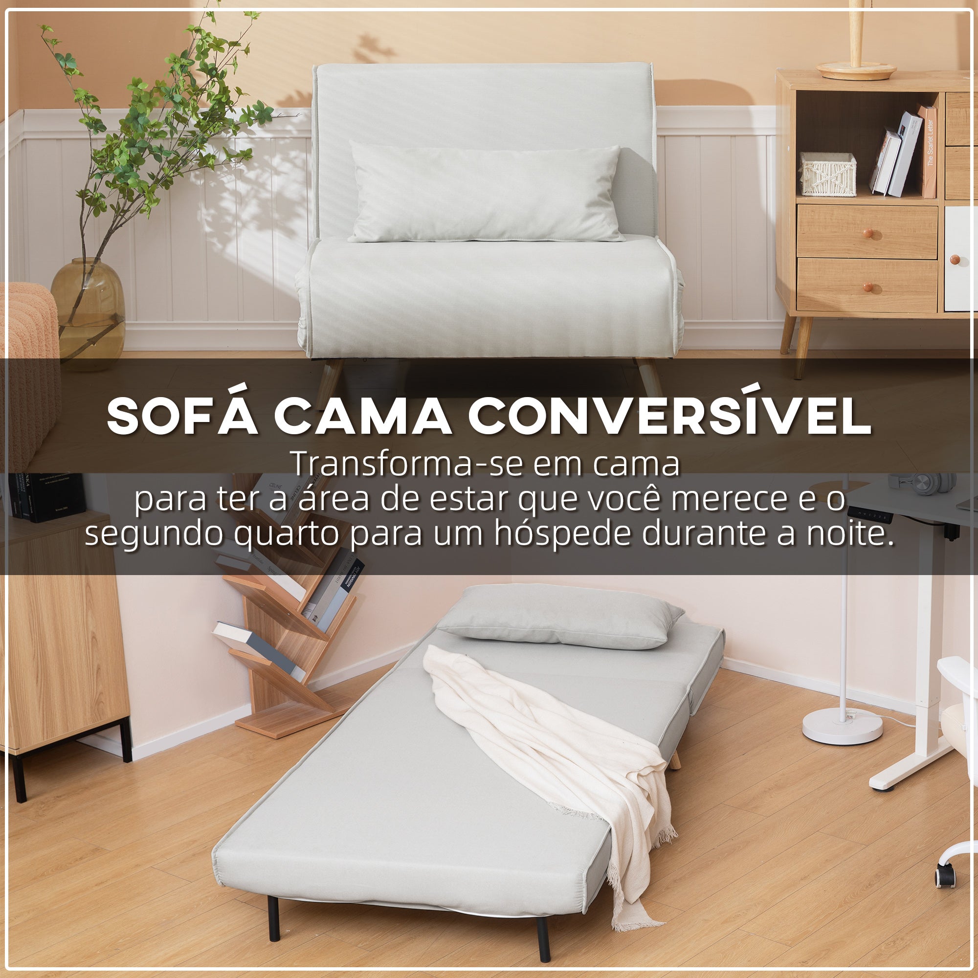 Poltrona Sofá Cama Individual Dobrável Bege Claro 94x78x80 cm