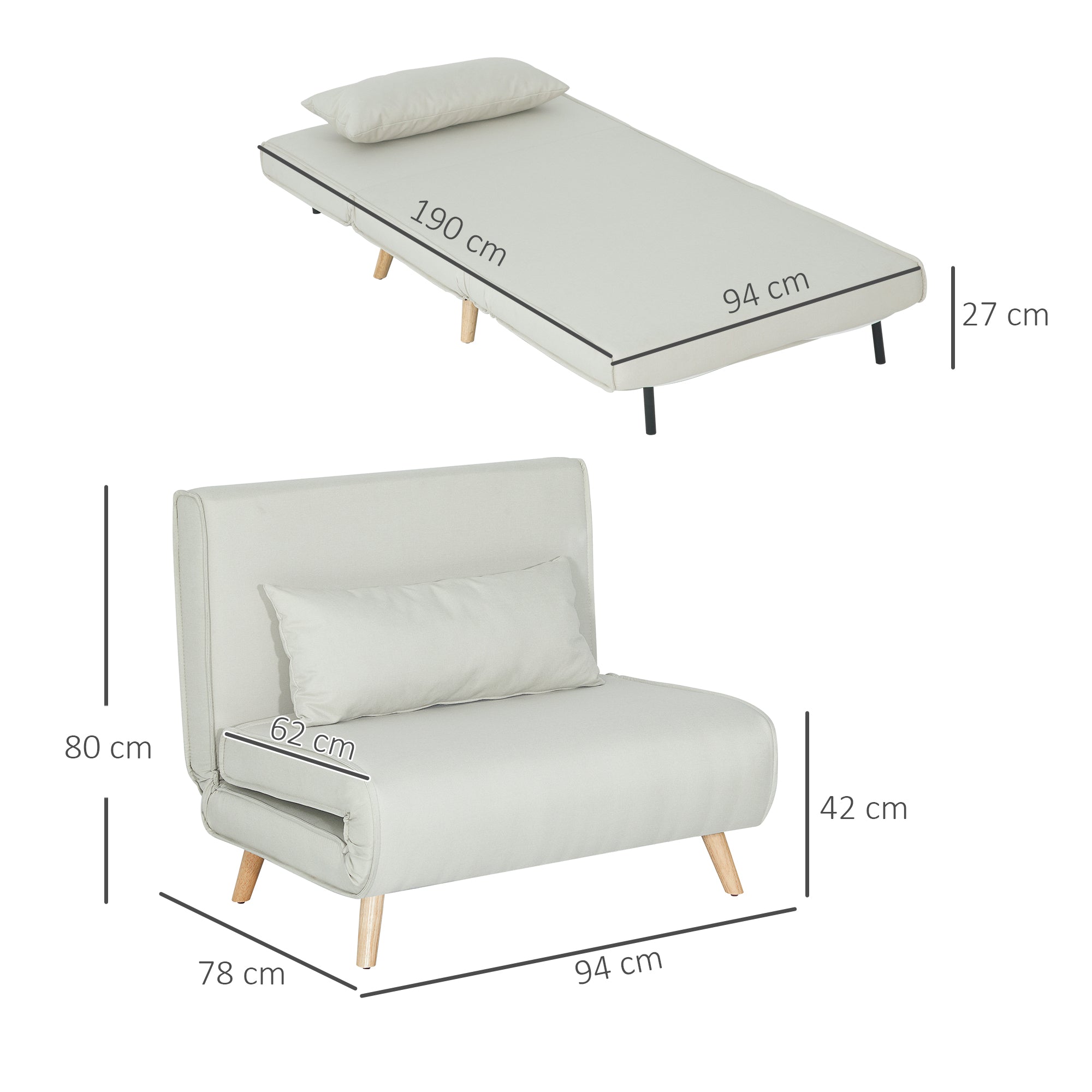 Poltrona Sofá Cama Individual Dobrável Bege Claro 94x78x80 cm