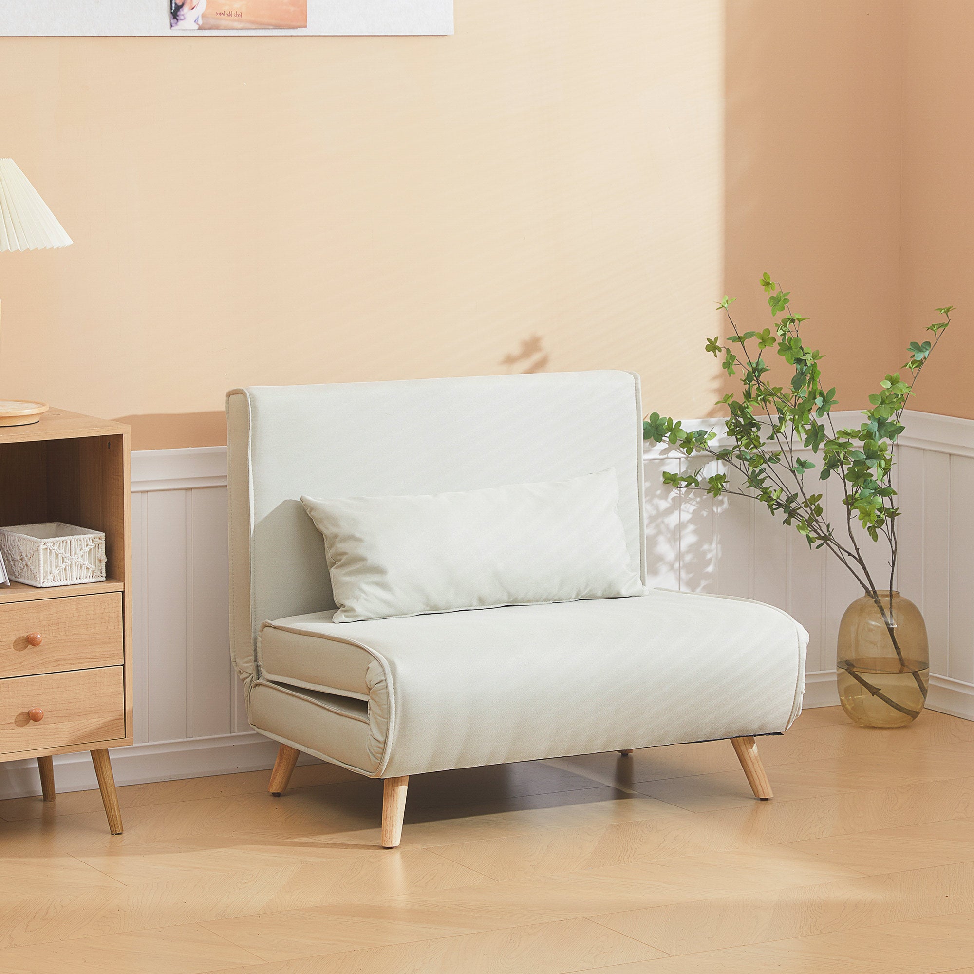 Poltrona Sofá Cama Individual Dobrável Bege Claro 94x78x80 cm