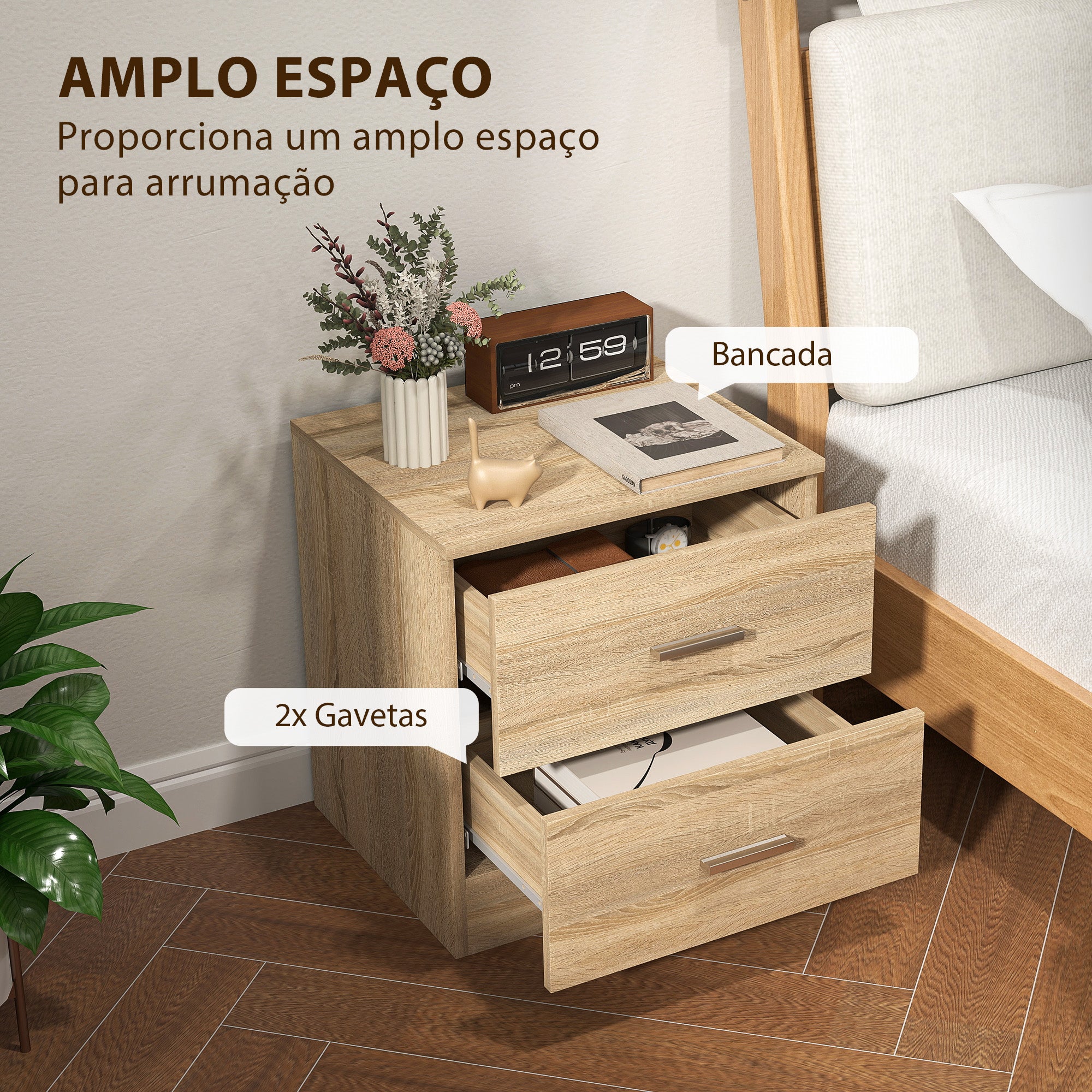 Mesinha de Cabeceira Moderna com 2 Gavetas - Madeira 45x39,5x49 cm