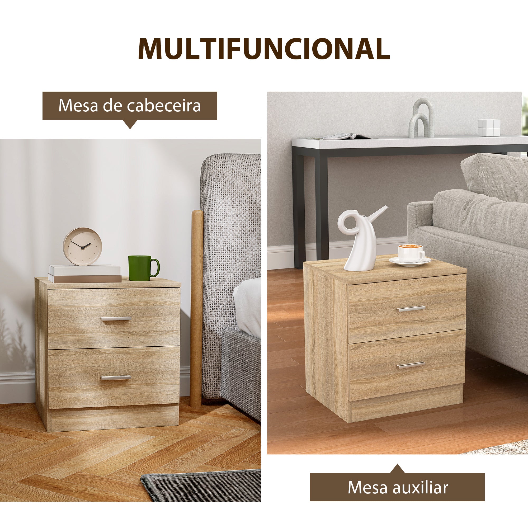 Mesinha de Cabeceira Moderna com 2 Gavetas - Madeira 45x39,5x49 cm