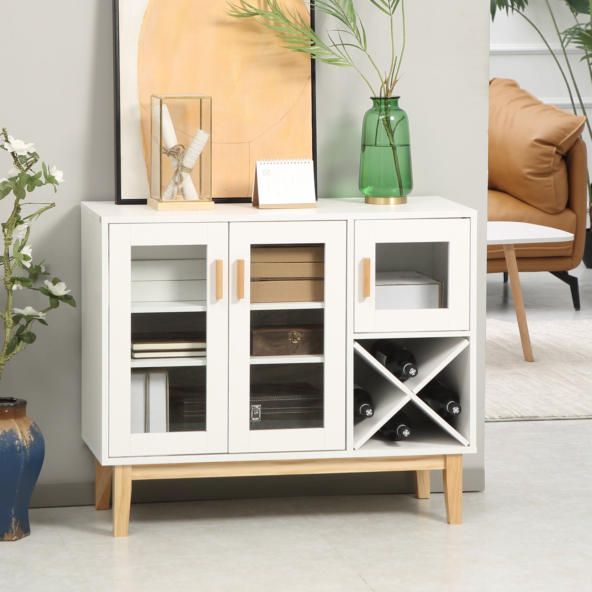 Aparador de Cozinha Moderno com 3 Portas de Vidro e Suporte para Garrafas em Forma de X - Branco 90x37x75cm