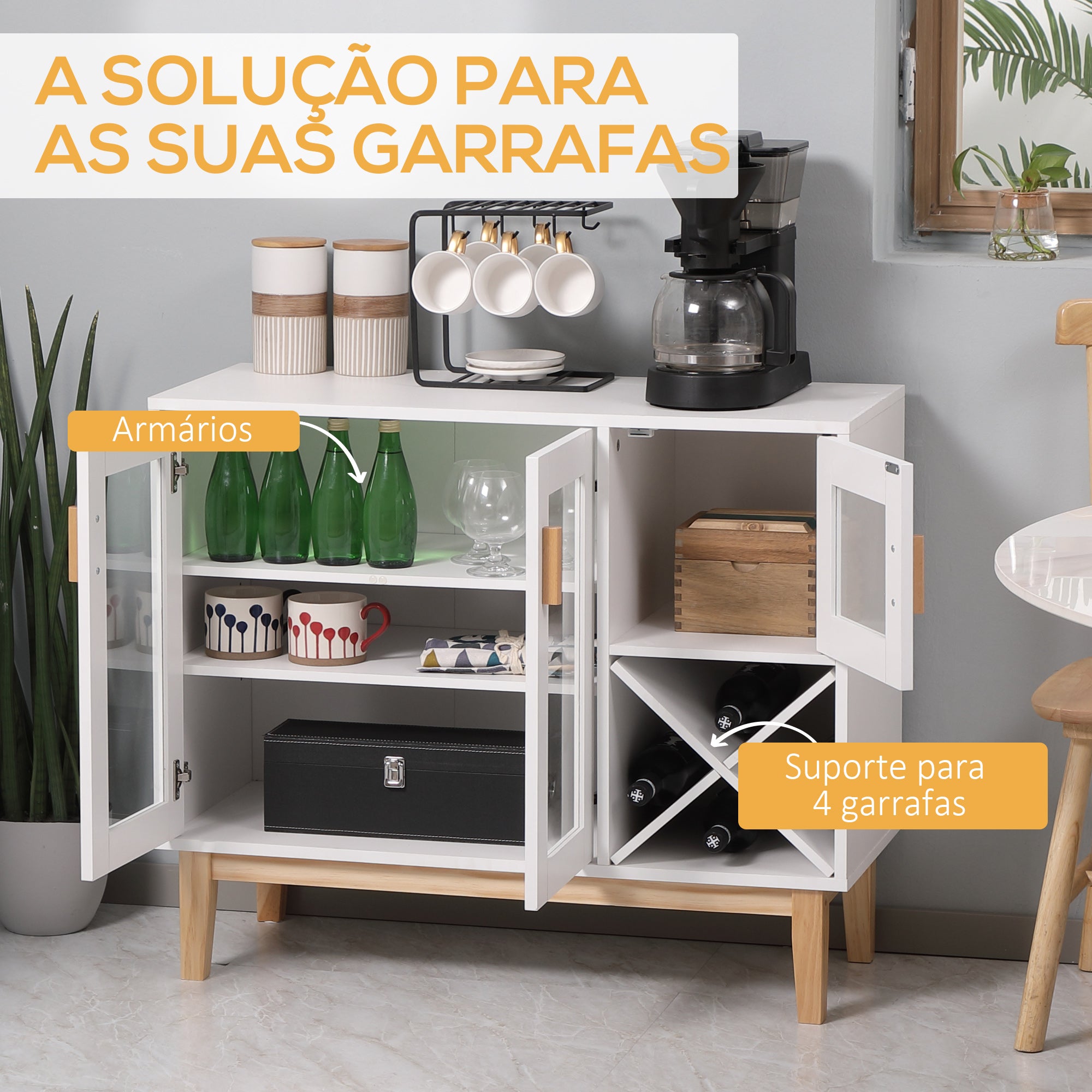 Aparador de Cozinha Moderno com 3 Portas de Vidro e Suporte para Garrafas em Forma de X - Branco 90x37x75cm