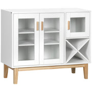 Aparador de Cozinha Moderno com 3 Portas de Vidro e Suporte para Garrafas em Forma de X - Branco 90x37x75cm