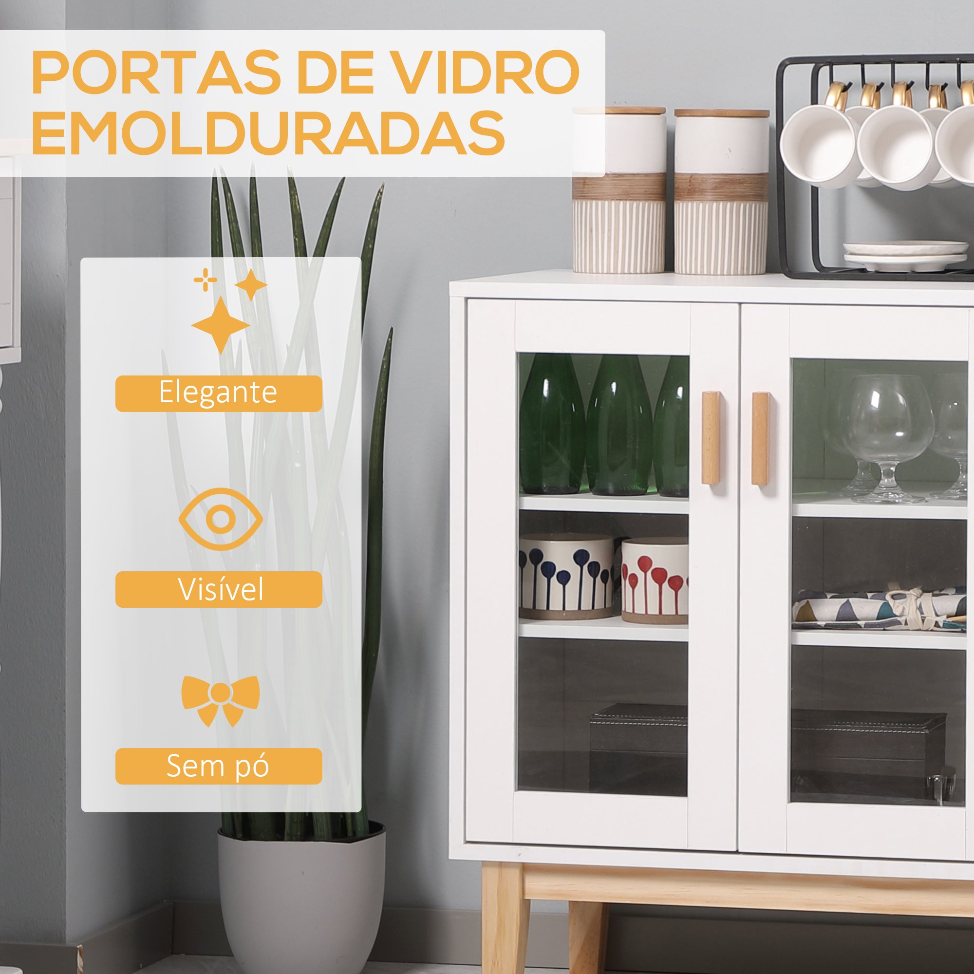 Aparador de Cozinha Moderno com 3 Portas de Vidro e Suporte para Garrafas em Forma de X - Branco 90x37x75cm
