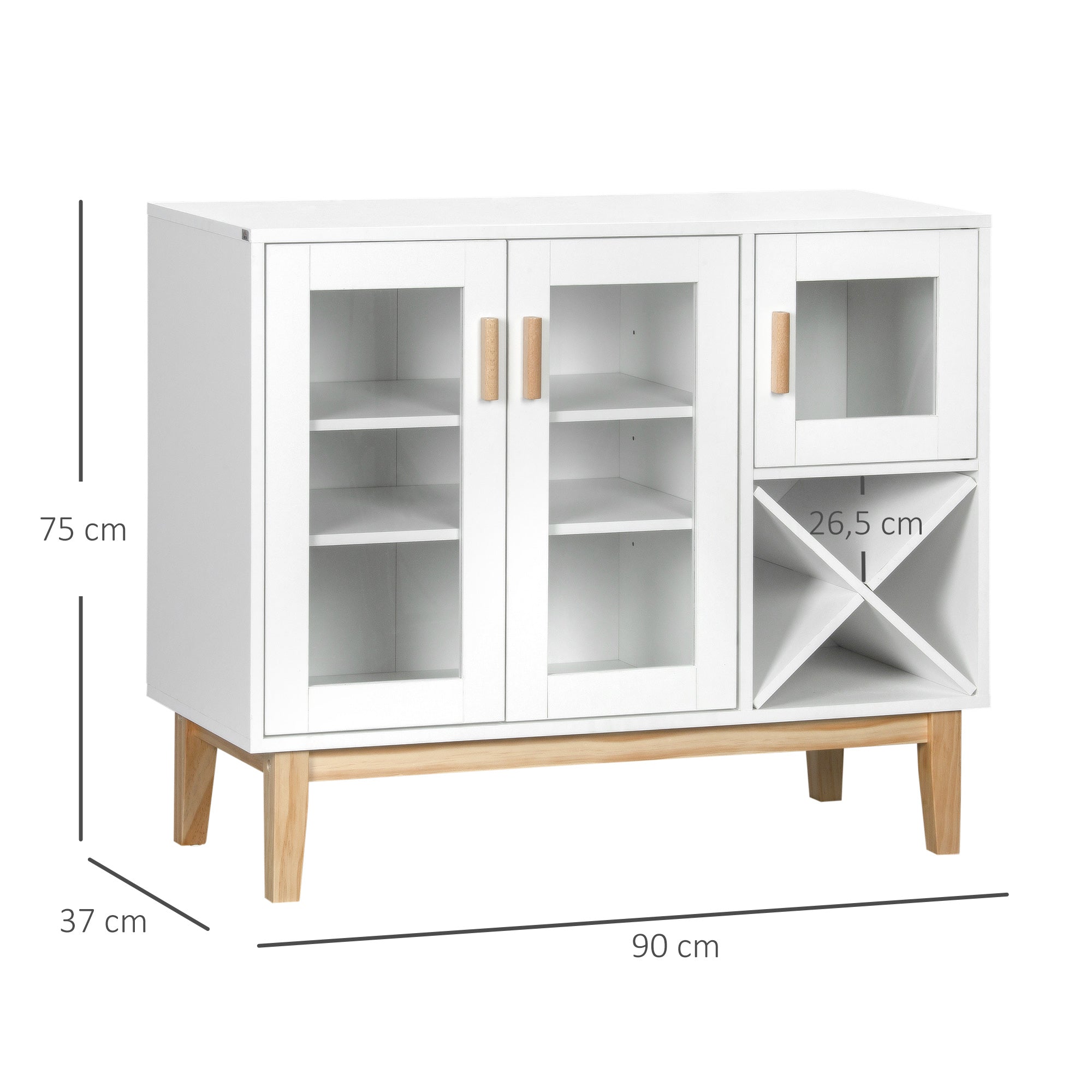 Aparador de Cozinha Moderno com 3 Portas de Vidro e Suporte para Garrafas em Forma de X - Branco 90x37x75cm