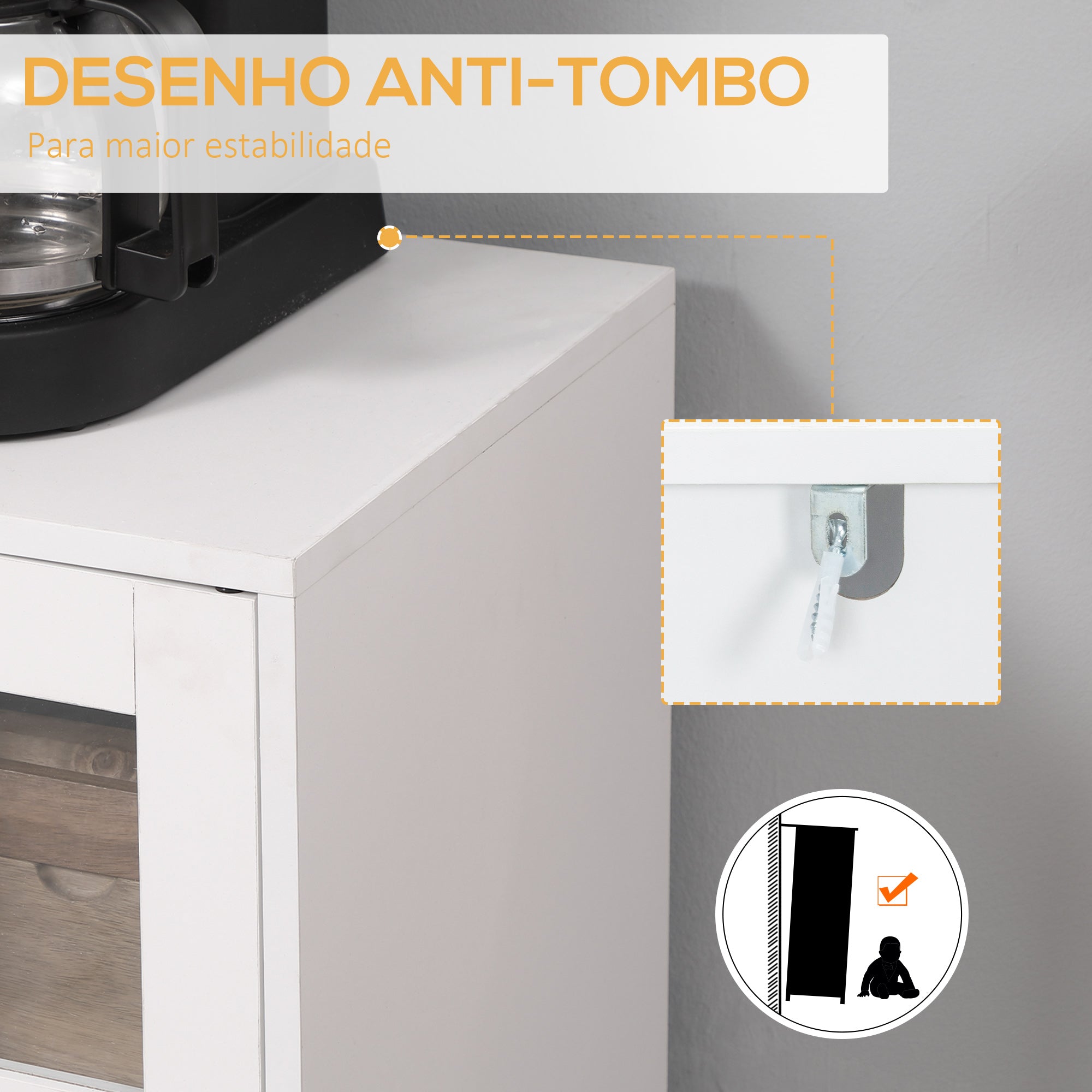 Aparador de Cozinha Moderno com 3 Portas de Vidro e Suporte para Garrafas em Forma de X - Branco 90x37x75cm