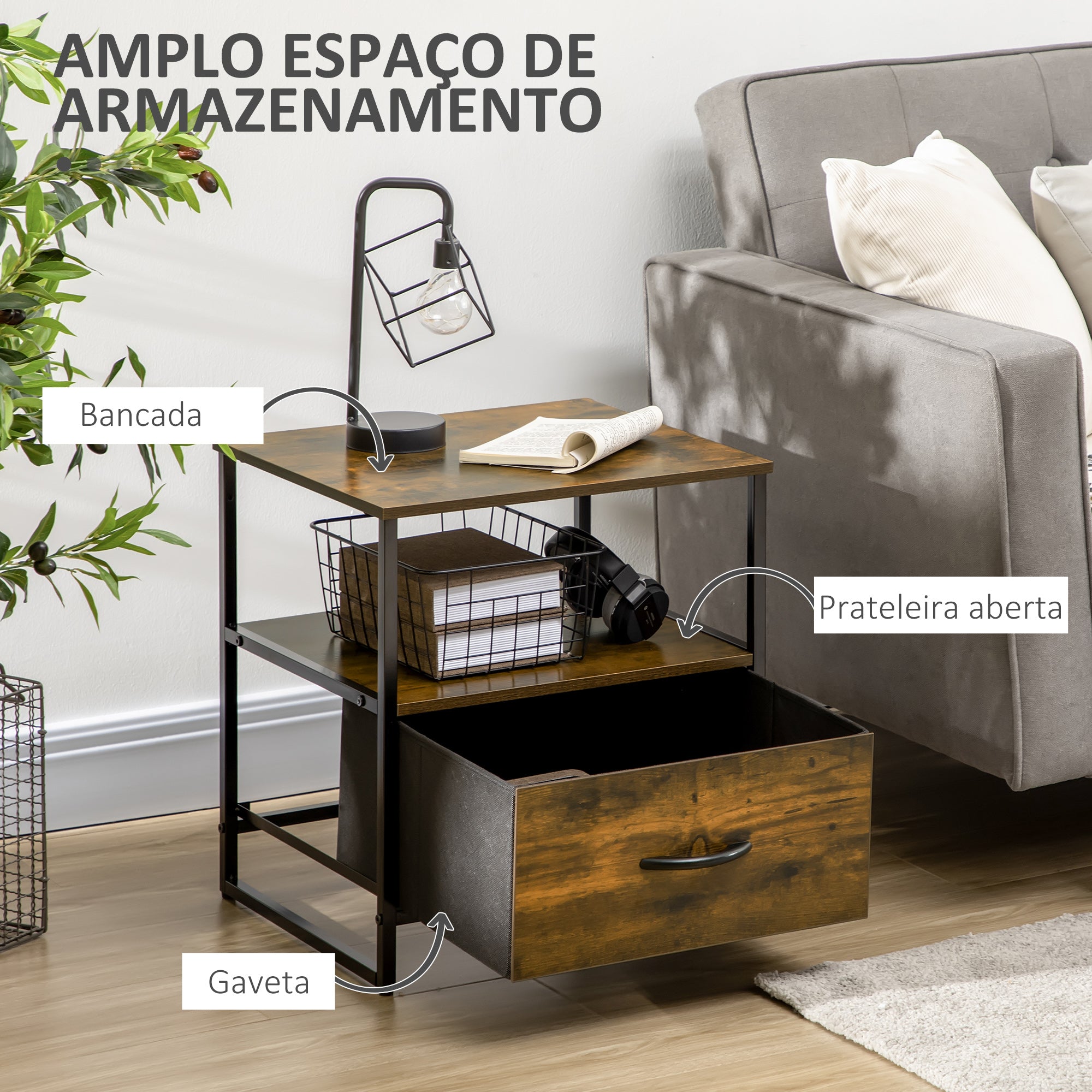 Mesa de Cabeceira Estilo Industrial 45x40x50.5 cm - Castanho Rústico