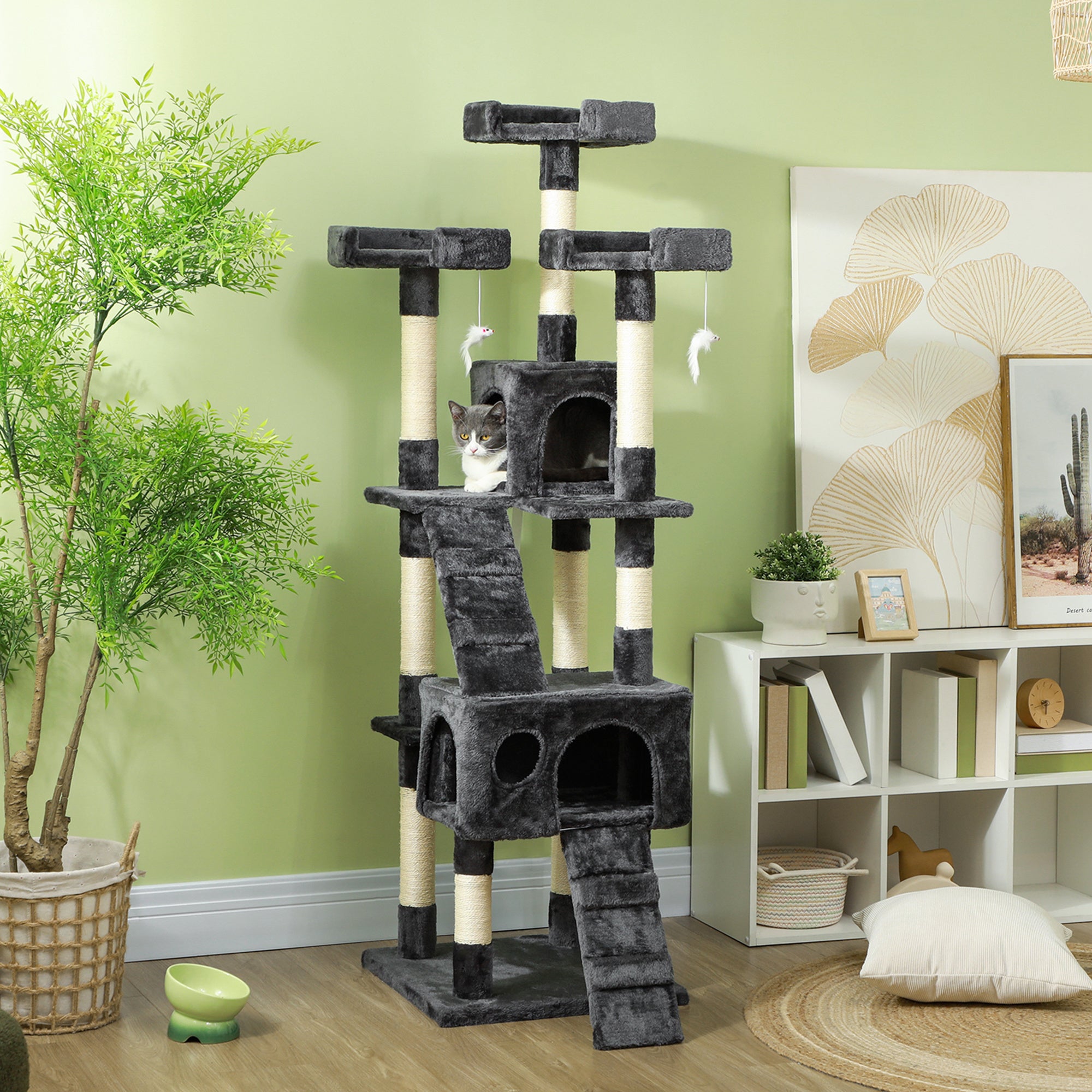 Arranhador para Gatos Grande 49x49x173 cm Cinzento Multinível com Cavernas e Brinquedos Suspensos