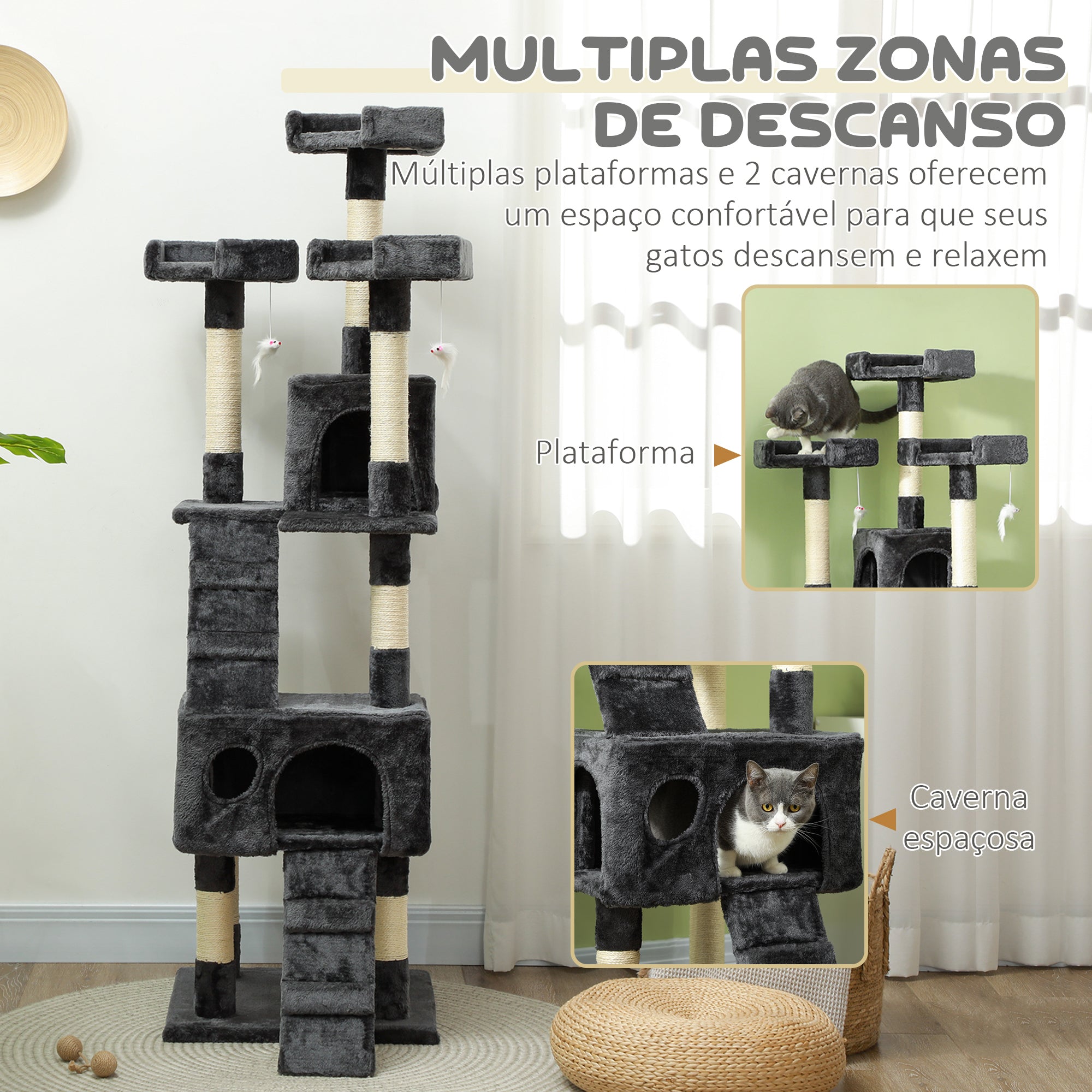 Arranhador para Gatos Grande 49x49x173 cm Cinzento Multinível com Cavernas e Brinquedos Suspensos