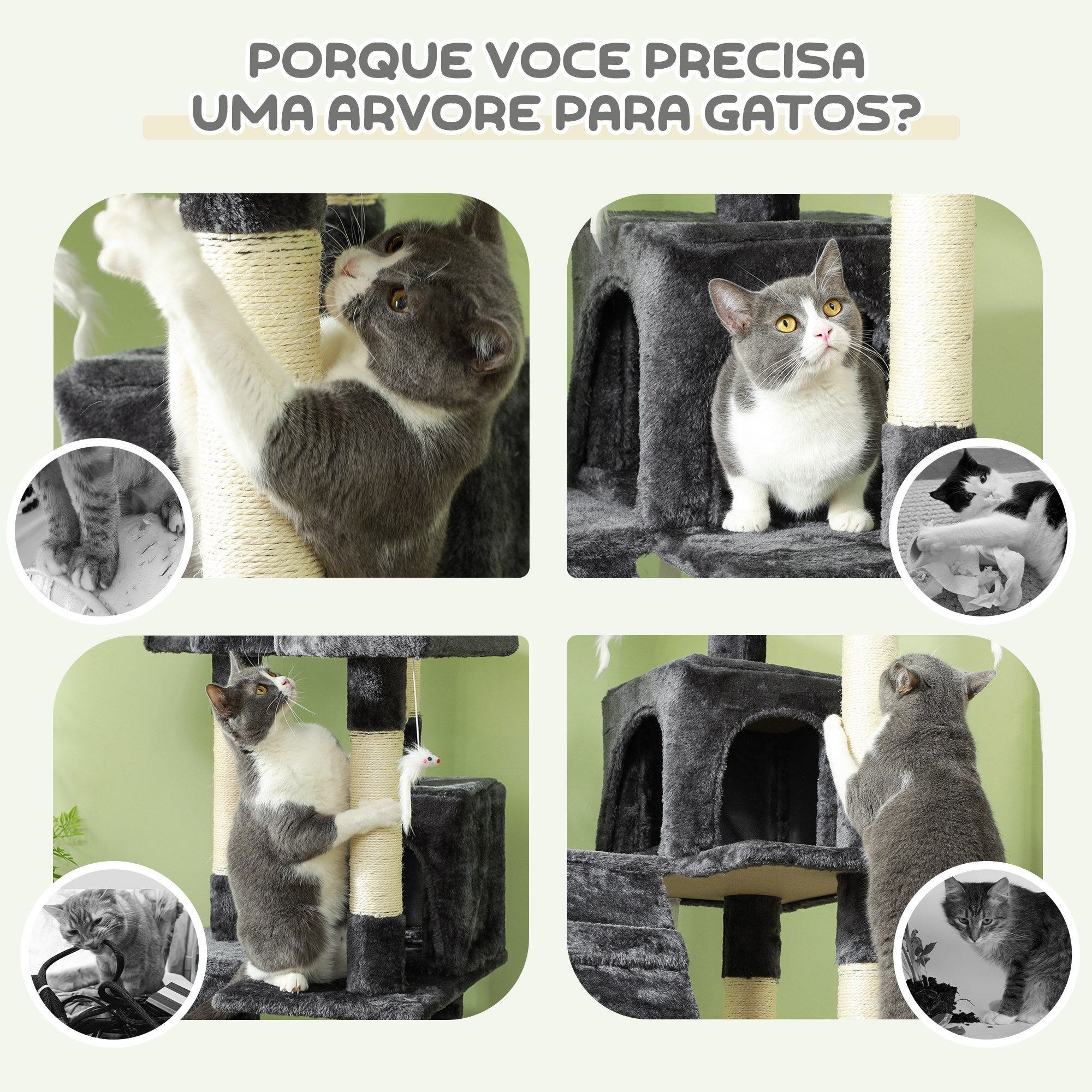Arranhador para Gatos Grande 49x49x173 cm Cinzento Multinível com Cavernas e Brinquedos Suspensos
