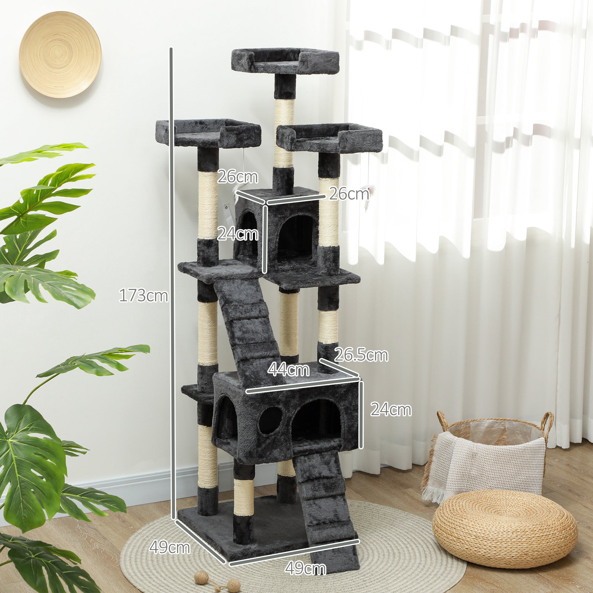 Arranhador para Gatos Grande 49x49x173 cm Cinzento Multinível com Cavernas e Brinquedos Suspensos