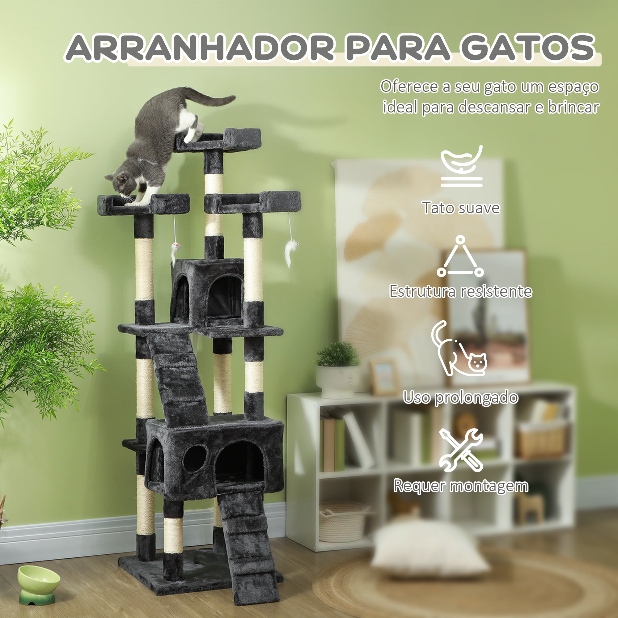 Arranhador para Gatos Grande 49x49x173 cm Cinzento Multinível com Cavernas e Brinquedos Suspensos