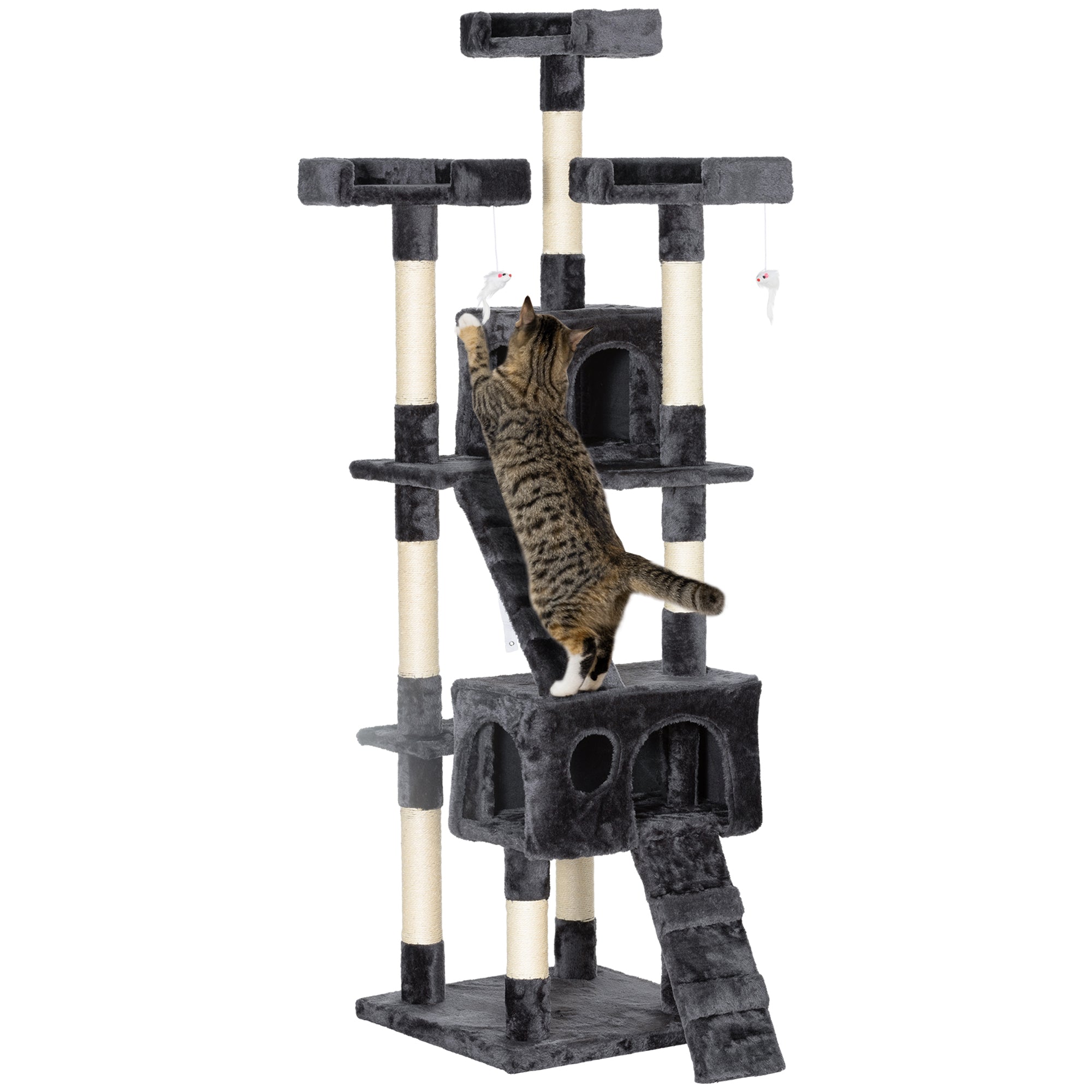 Arranhador para Gatos Grande 49x49x173 cm Cinzento Multinível com Cavernas e Brinquedos Suspensos