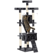 Arranhador para Gatos Grande 49x49x173 cm Cinzento Multinível com Cavernas e Brinquedos Suspensos