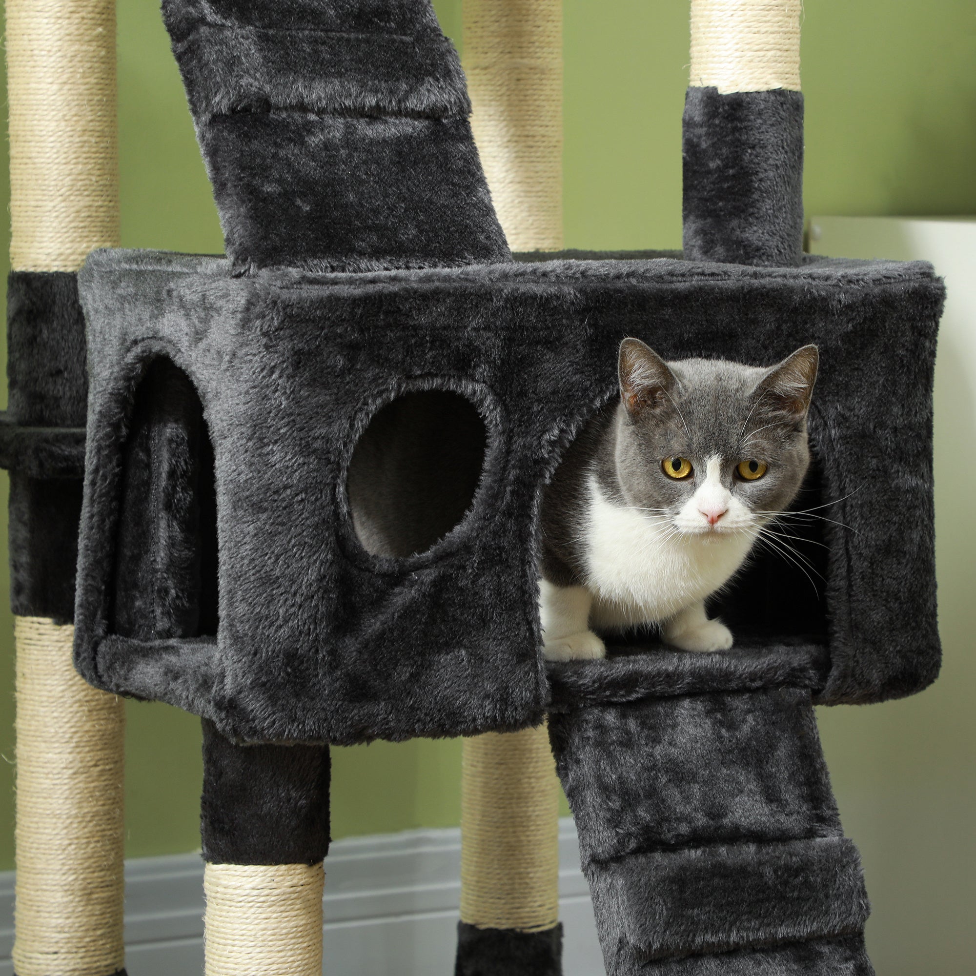 Arranhador para Gatos Grande 49x49x173 cm Cinzento Multinível com Cavernas e Brinquedos Suspensos