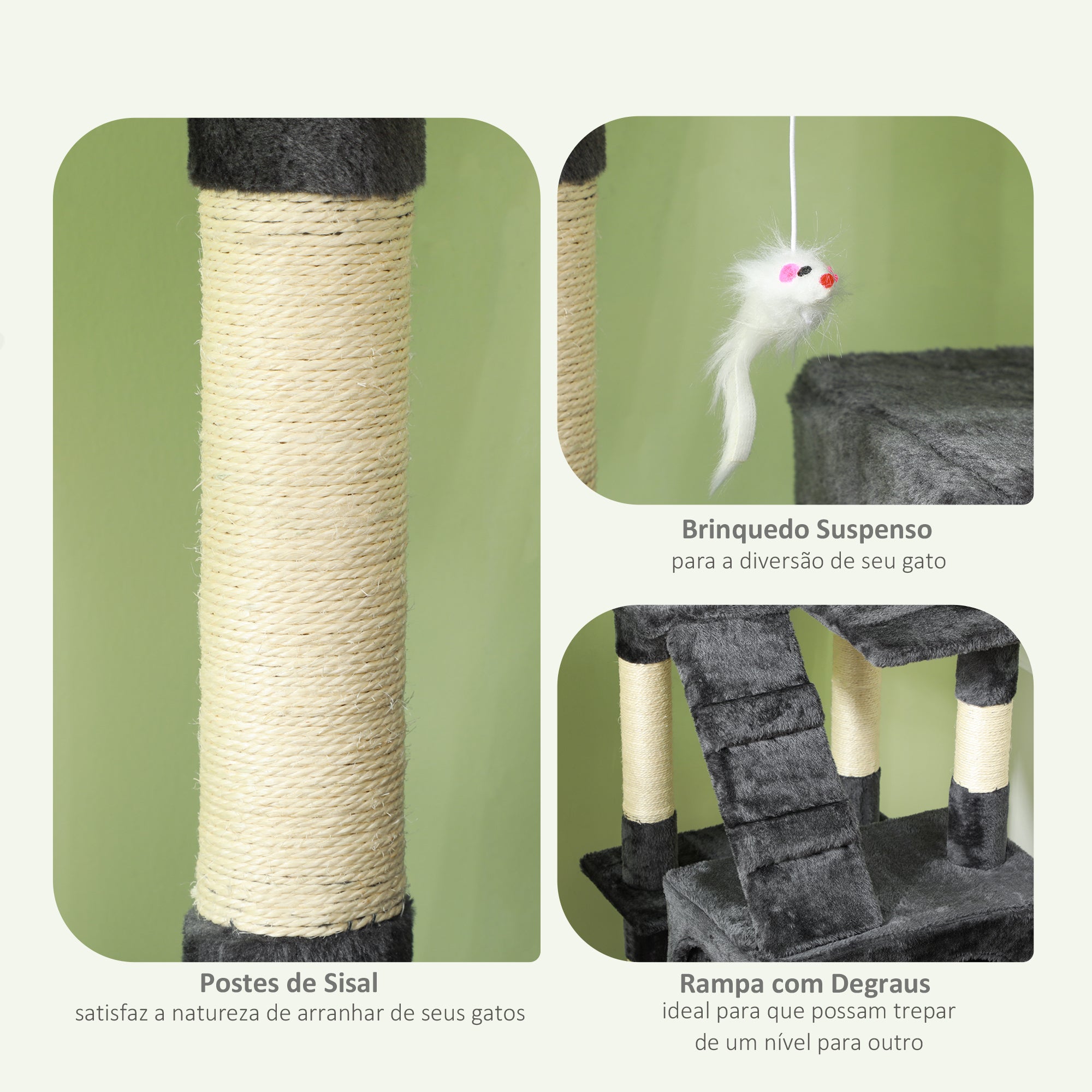 Arranhador para Gatos Grande 49x49x173 cm Cinzento Multinível com Cavernas e Brinquedos Suspensos