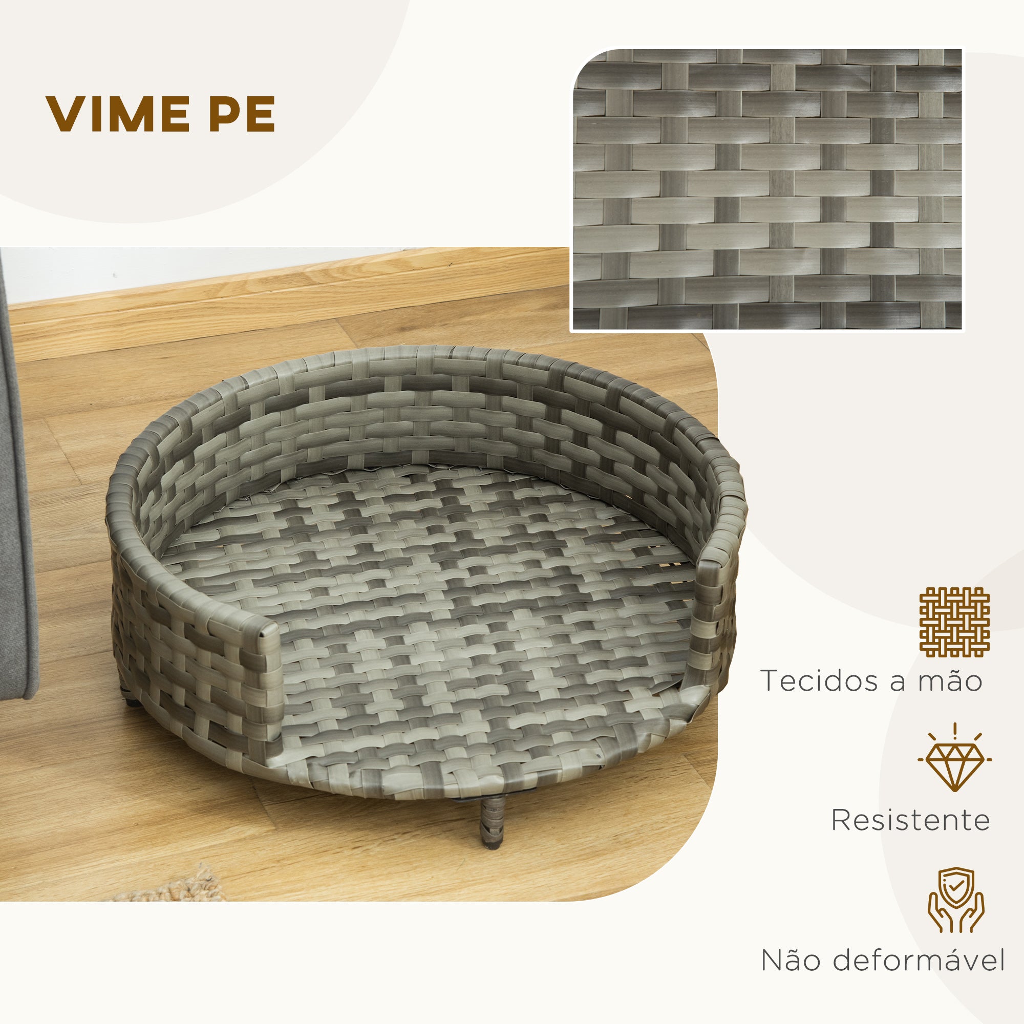 Cama Sofá Redonda para Cães e Gatos de Vime Cinza 60x60x20cm