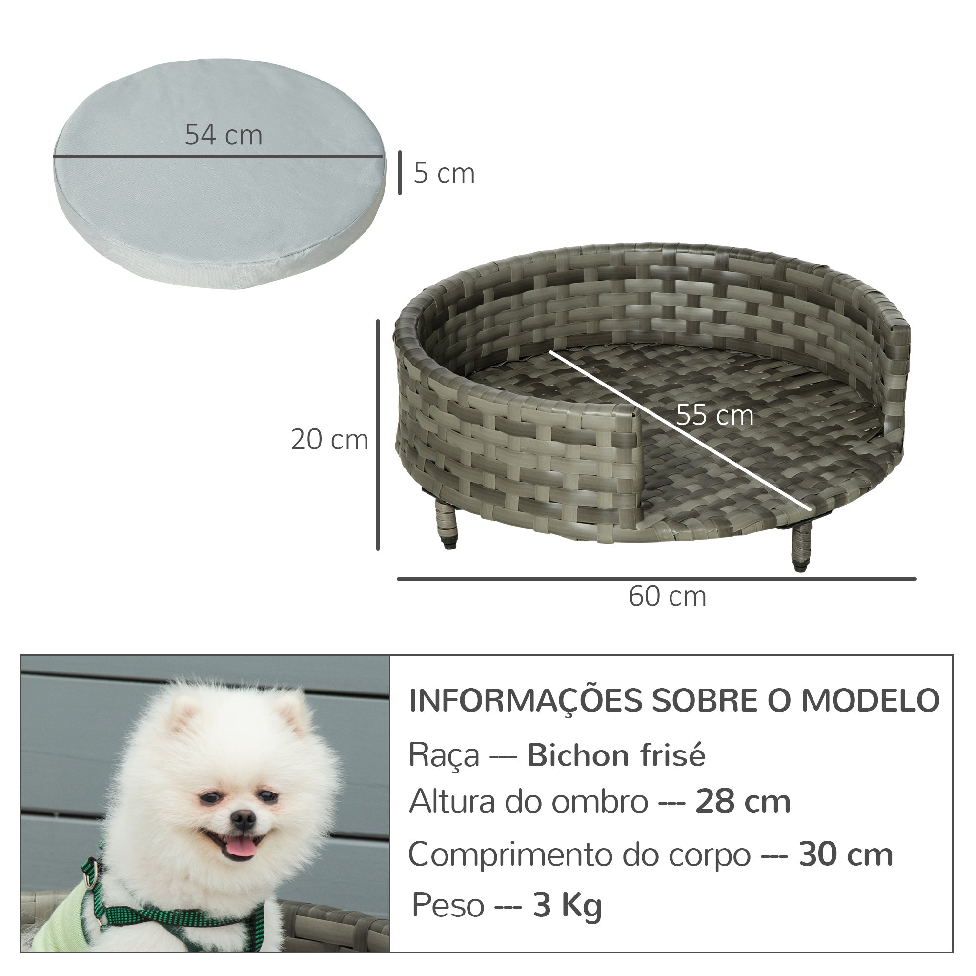 Cama Sofá Redonda para Cães e Gatos de Vime Cinza 60x60x20cm