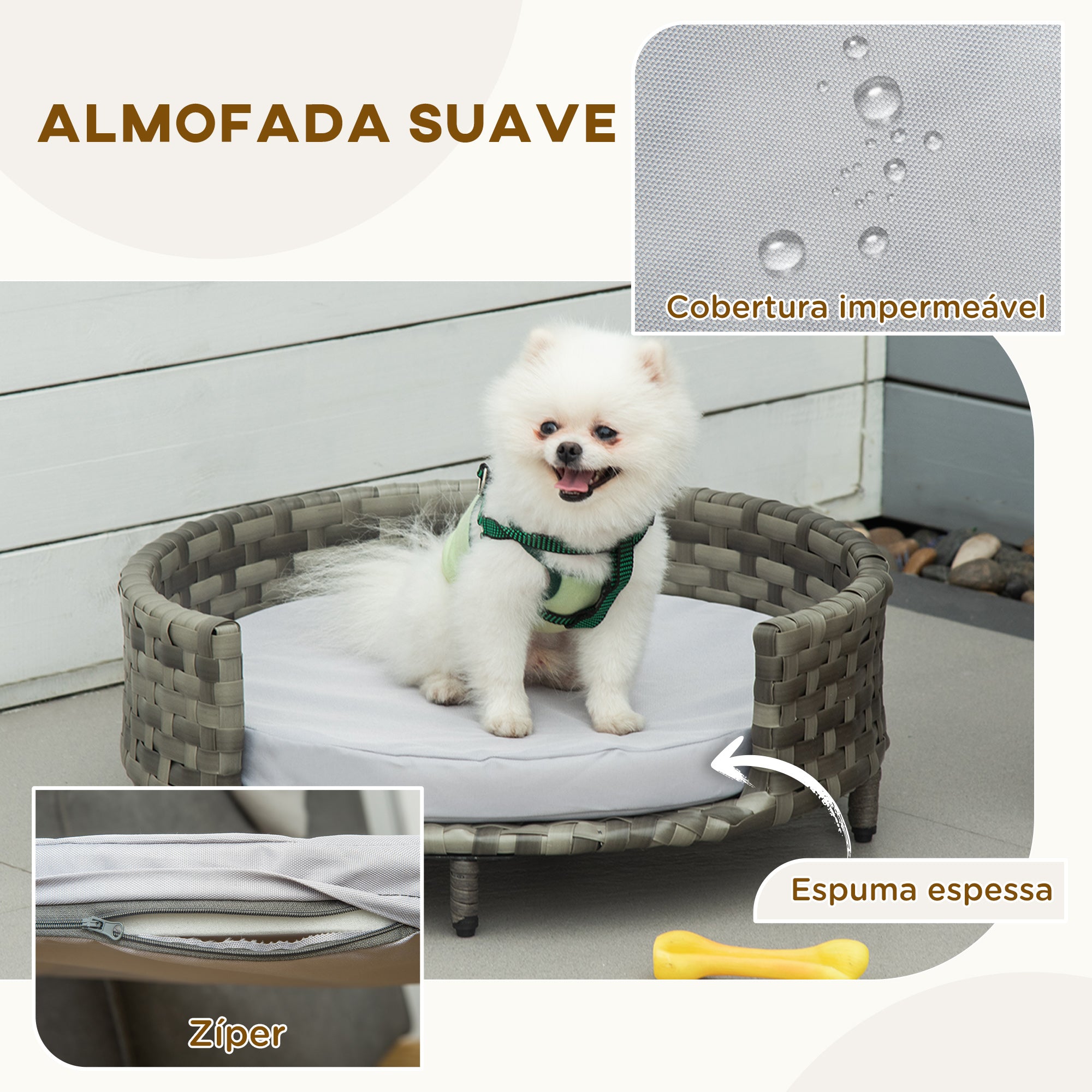 Cama Sofá Redonda para Cães e Gatos de Vime Cinza 60x60x20cm