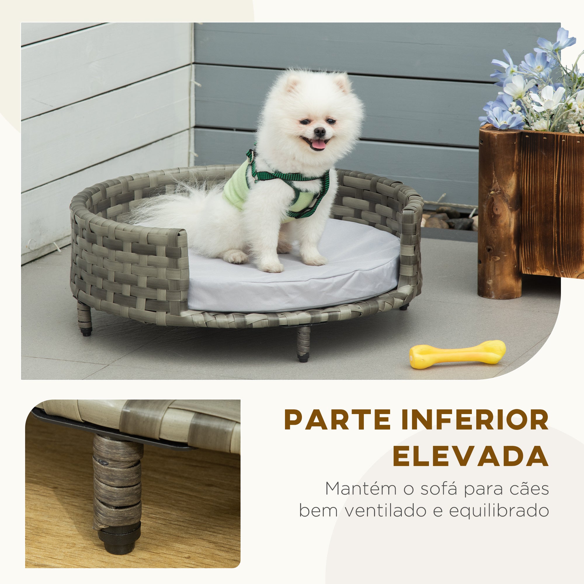 Cama Sofá Redonda para Cães e Gatos de Vime Cinza 60x60x20cm