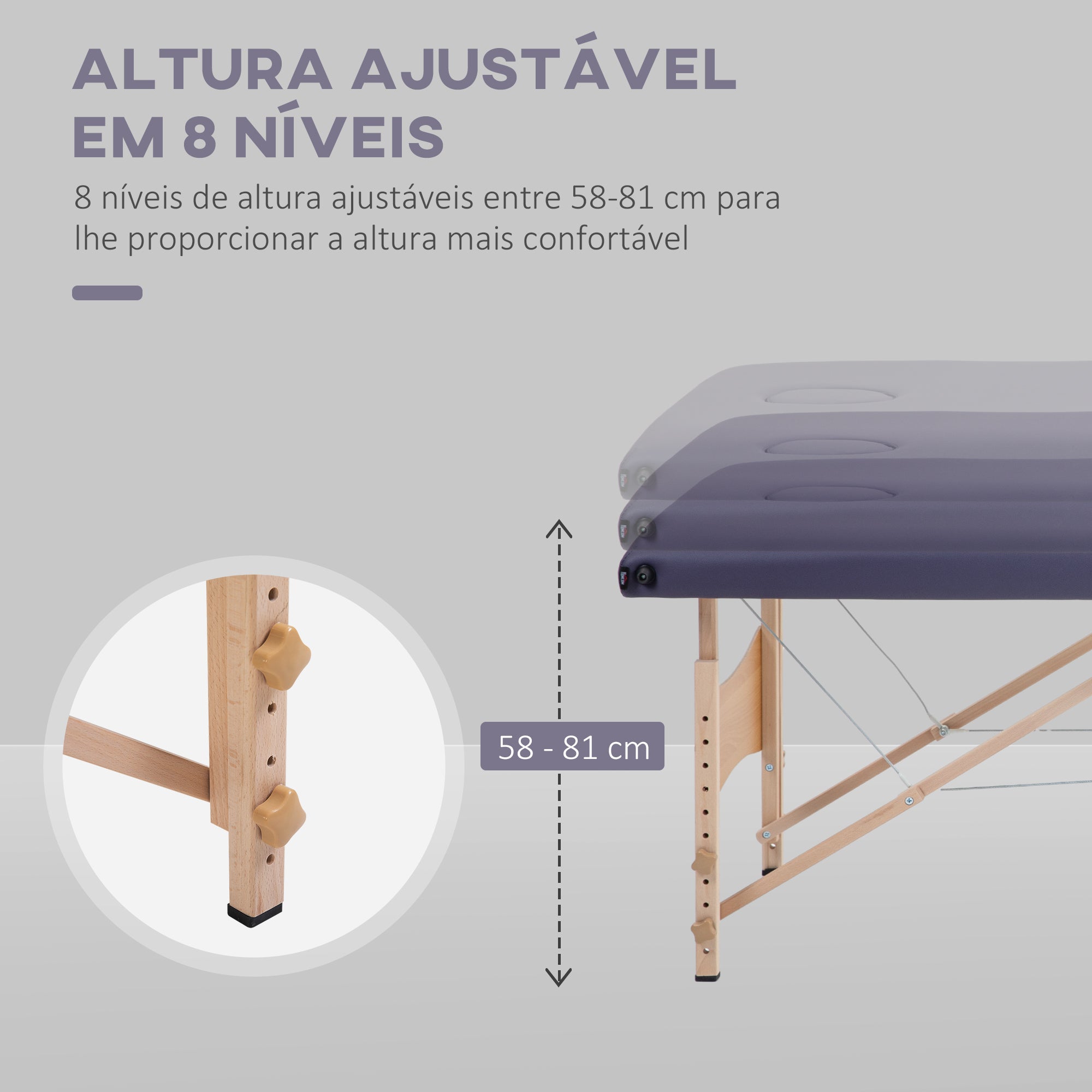 Marquesa de Massagem Dobrável – 186x60x58-81 cm – Roxo – Madeira
