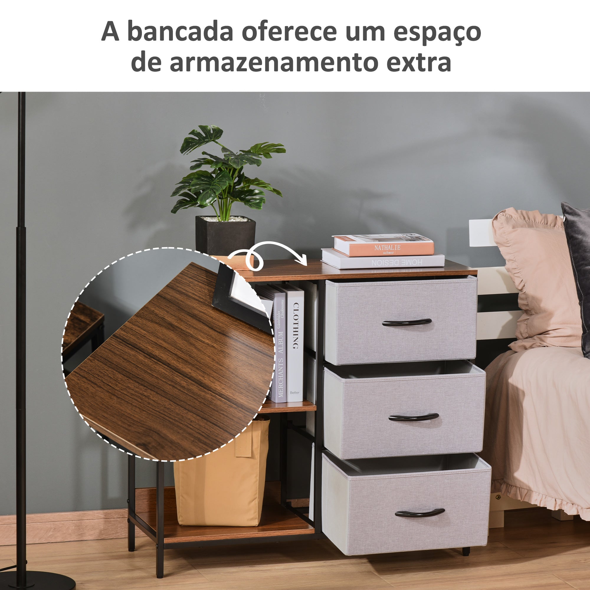 Cómoda de Estilo Industrial com Cestos de Tela Dobráveis Nogueira e Cinza Claro 80x29x71cm
