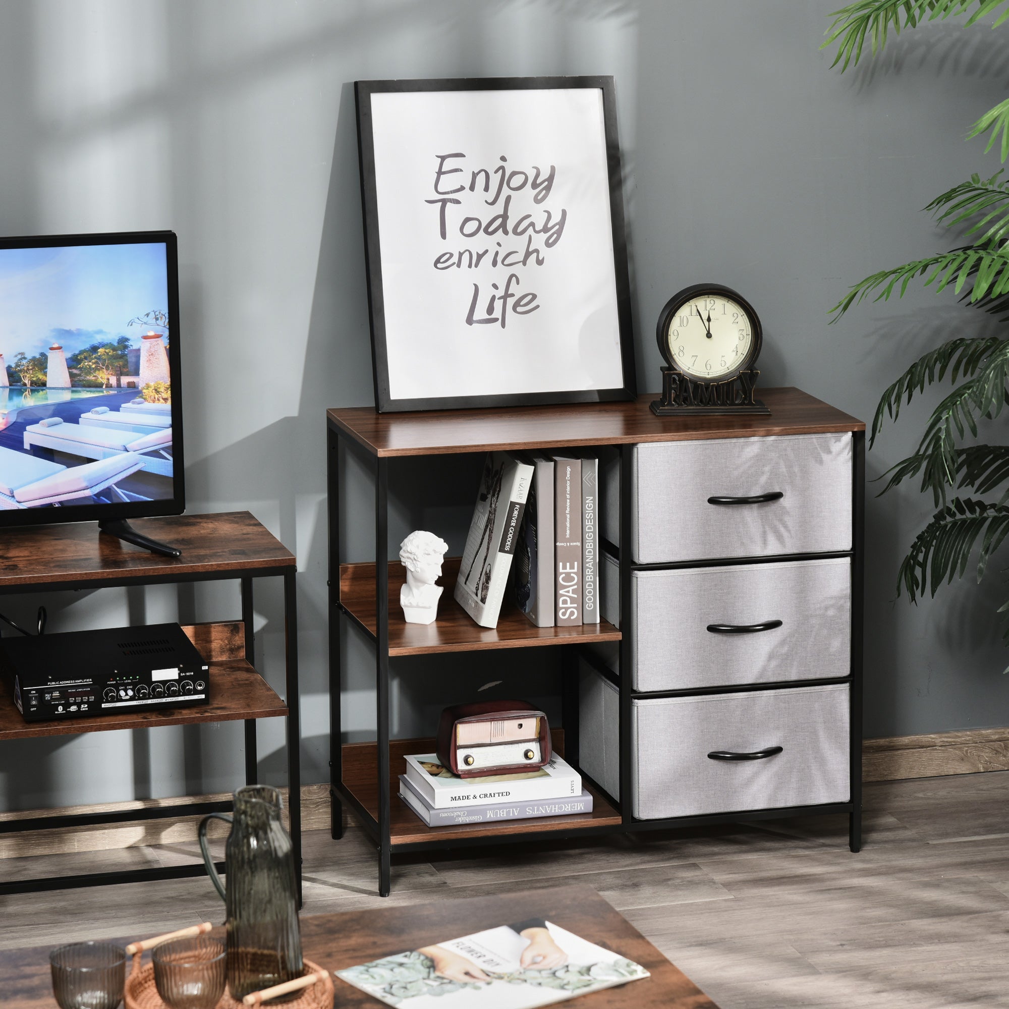 Cómoda de Estilo Industrial com Cestos de Tela Dobráveis Nogueira e Cinza Claro 80x29x71cm