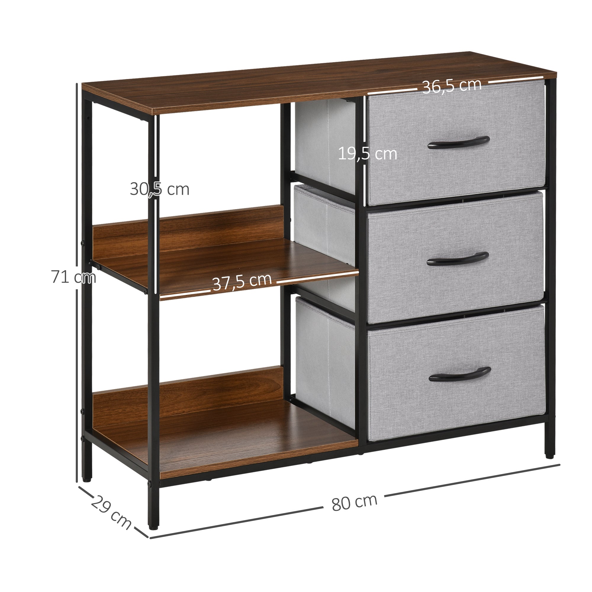 Cómoda de Estilo Industrial com Cestos de Tela Dobráveis Nogueira e Cinza Claro 80x29x71cm