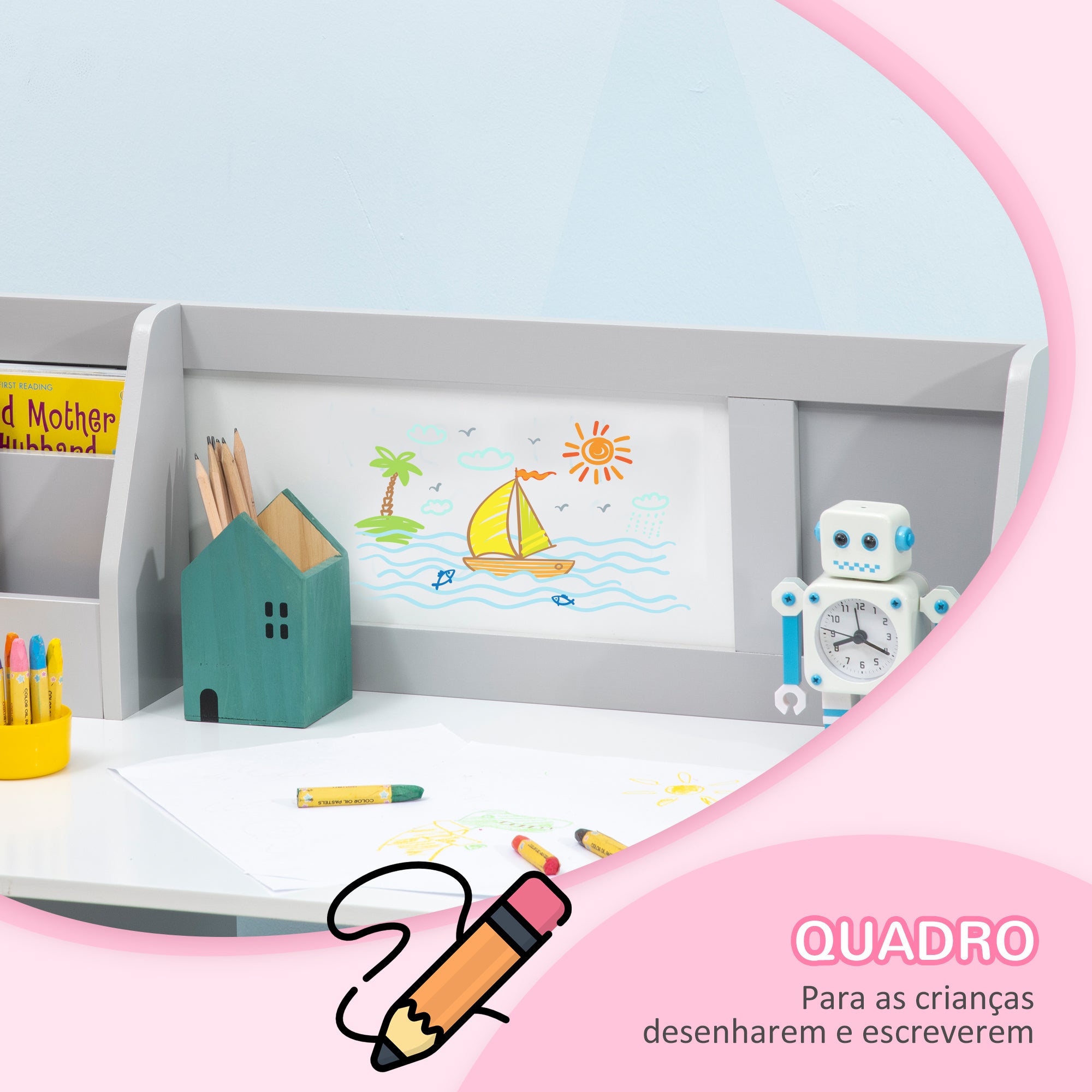 Conjunto de Mesa e Cadeira Infantil – 90x45x85 cm – Cinzento – MDF e madeira de pinho